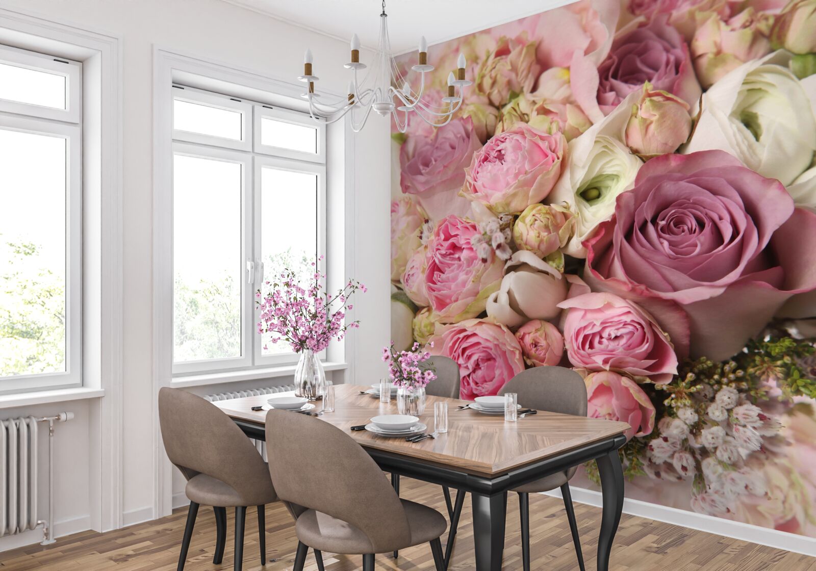 Fototapeten Eine Zusammensetzung von Rosen und Tulpen mit einer ungewöhnlichen Form