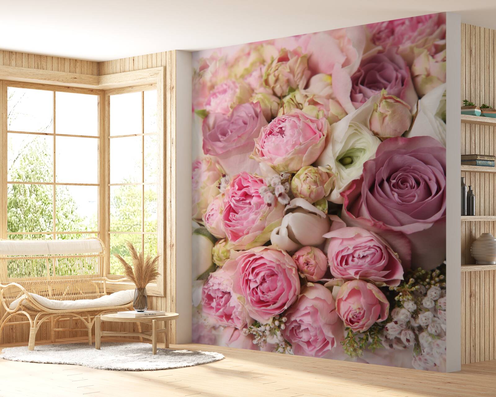 Fototapeten Eine Zusammensetzung von Rosen und Tulpen mit einer ungewöhnlichen Form