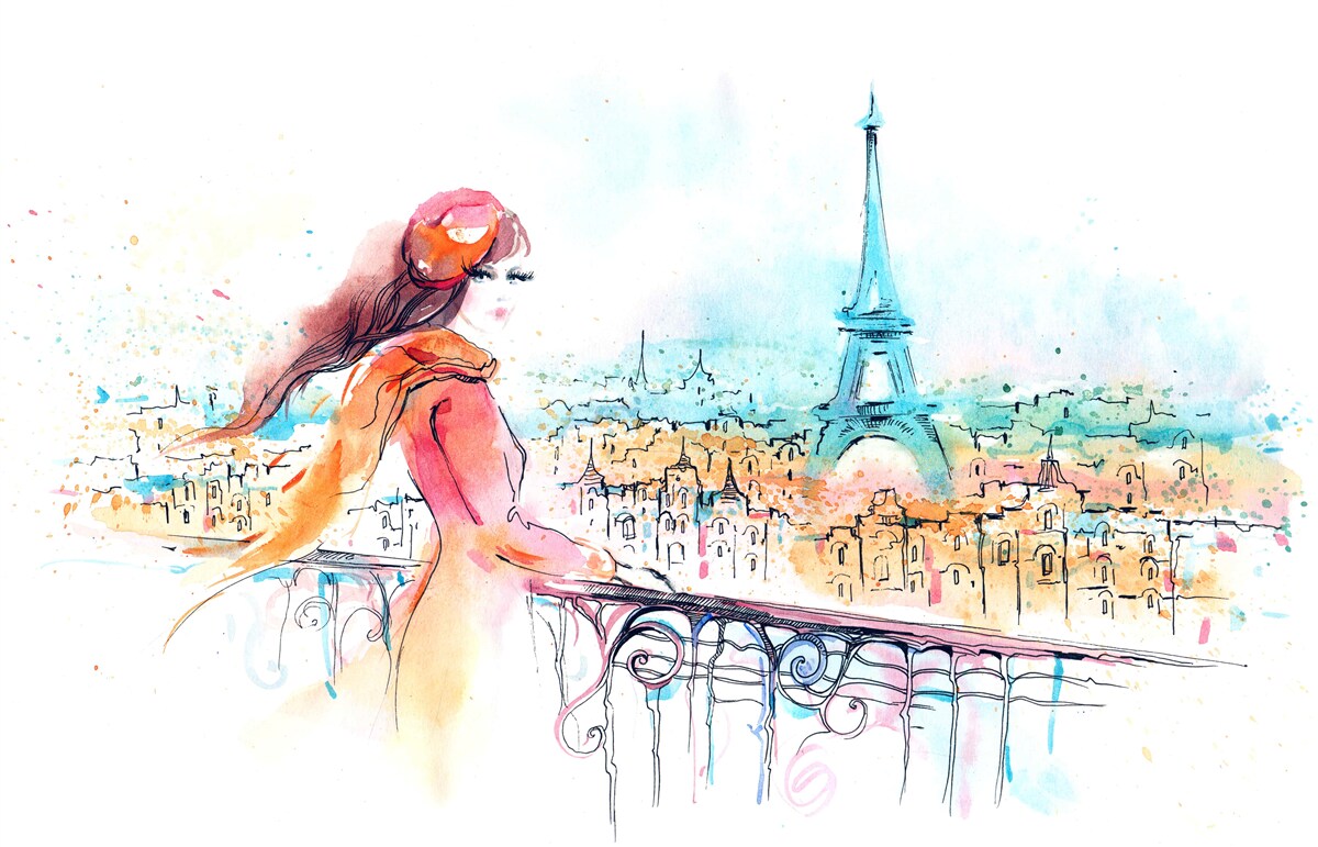 Fototapeten Das Mädchen geht um den Aquarell Paris um