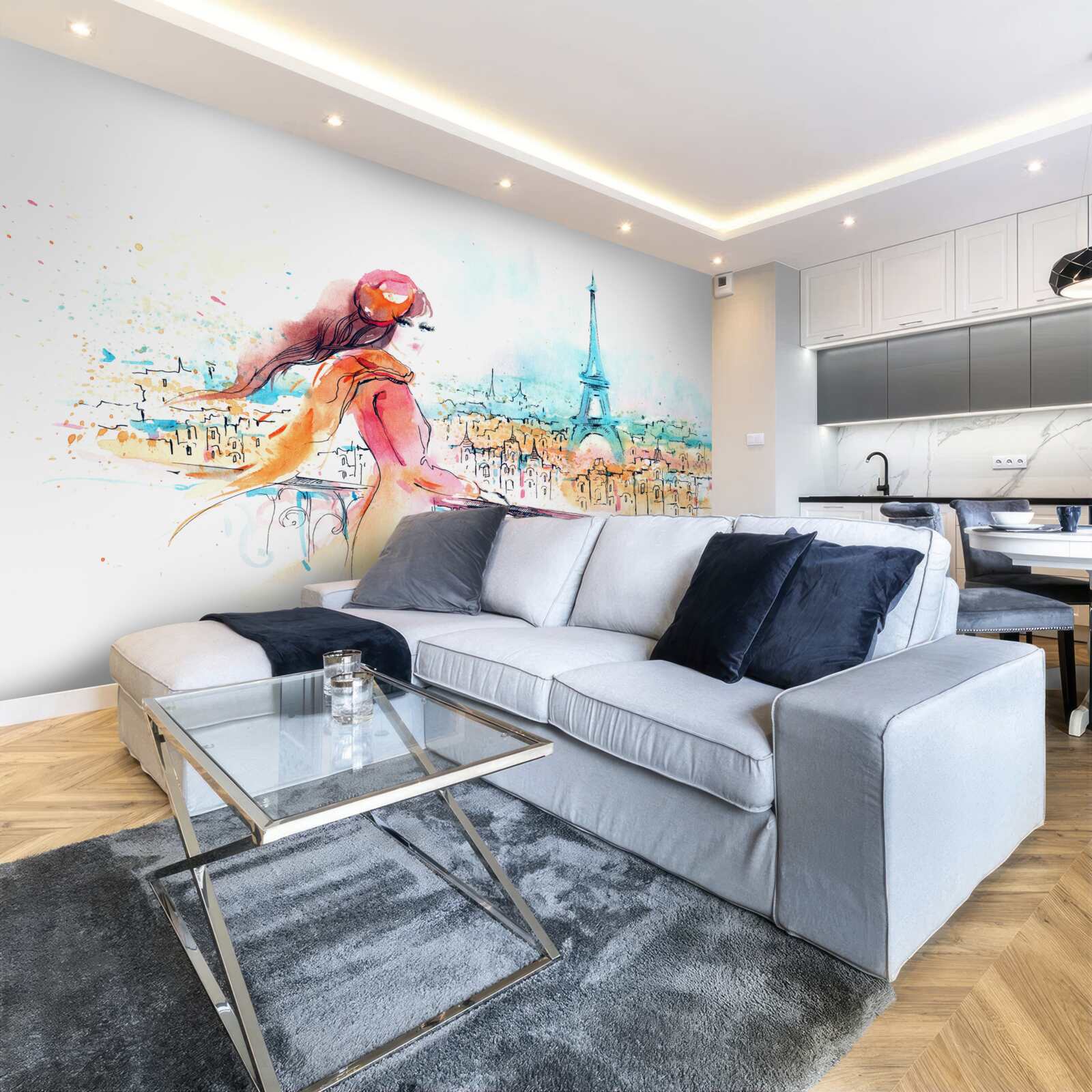 Fototapeten Das Mädchen geht um den Aquarell Paris um
