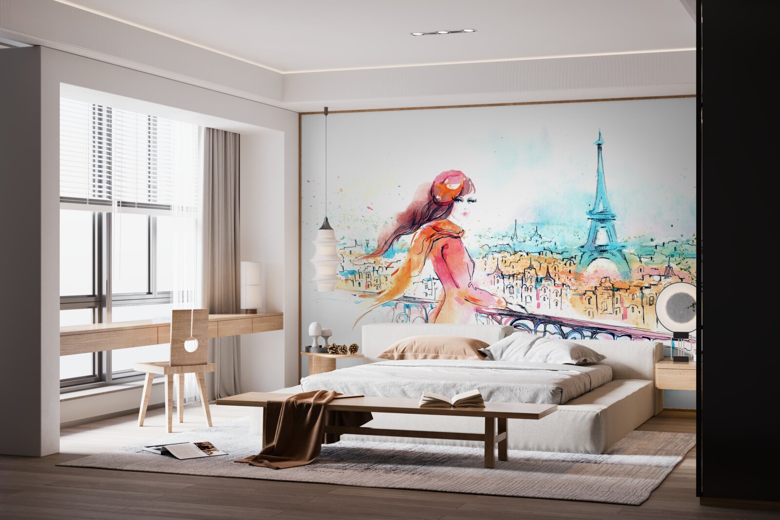 Fototapeten Das Mädchen geht um den Aquarell Paris um