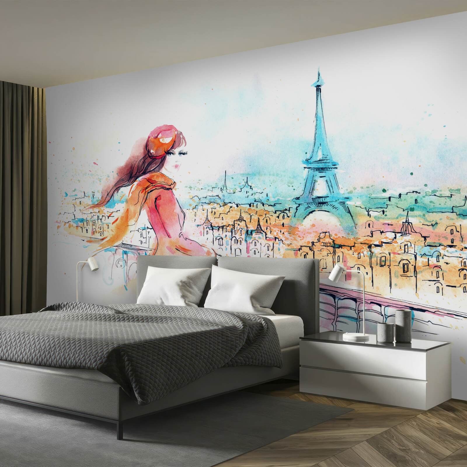 Fototapeten Das Mädchen geht um den Aquarell Paris um