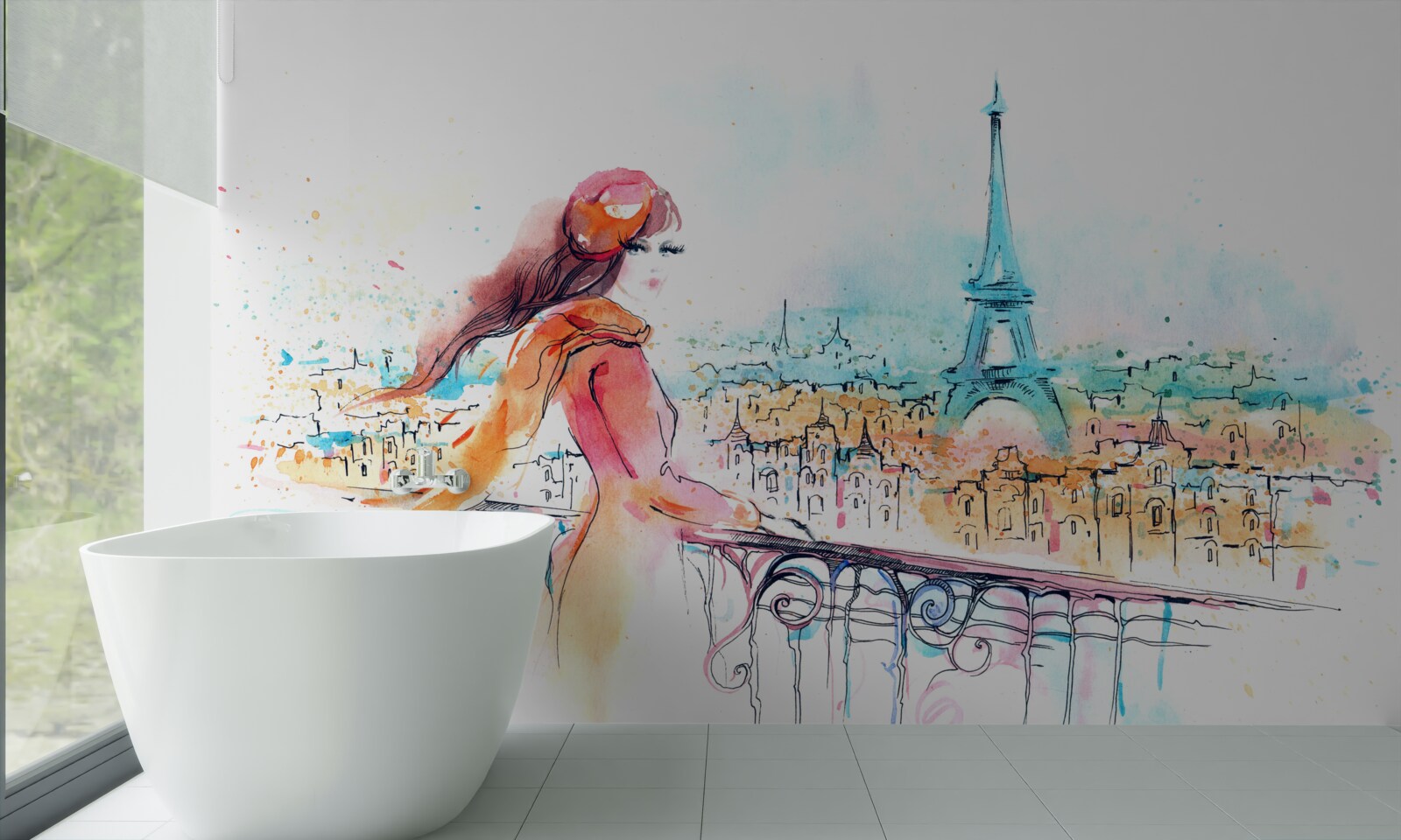 Fototapeten Das Mädchen geht um den Aquarell Paris um