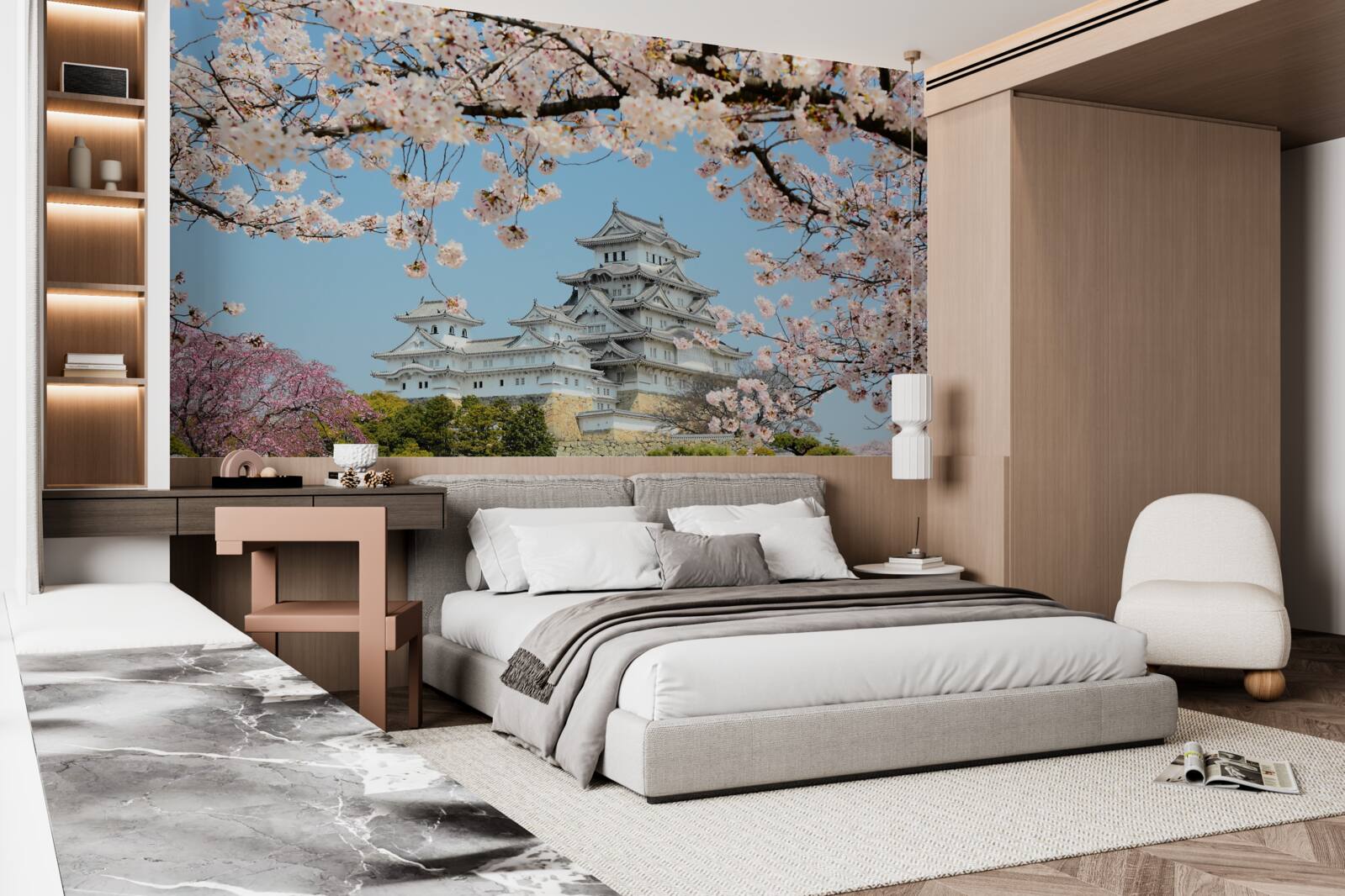 Fototapeten Altes japanisches Haus mit einer blühenden rosa Sakrah