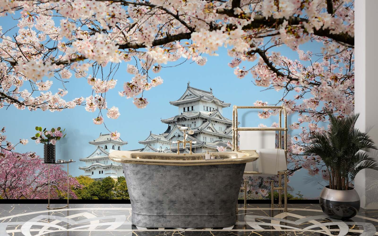 Fototapeten Altes japanisches Haus mit einer blühenden rosa Sakrah