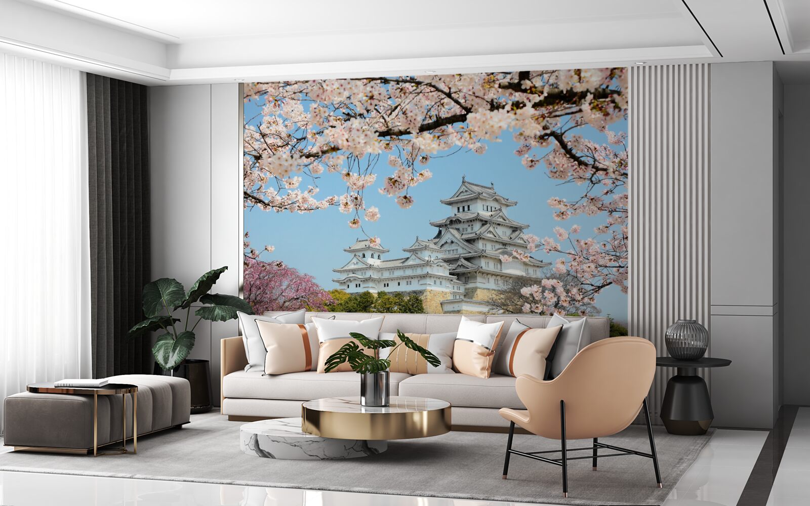 Fototapeten Altes japanisches Haus mit einer blühenden rosa Sakrah