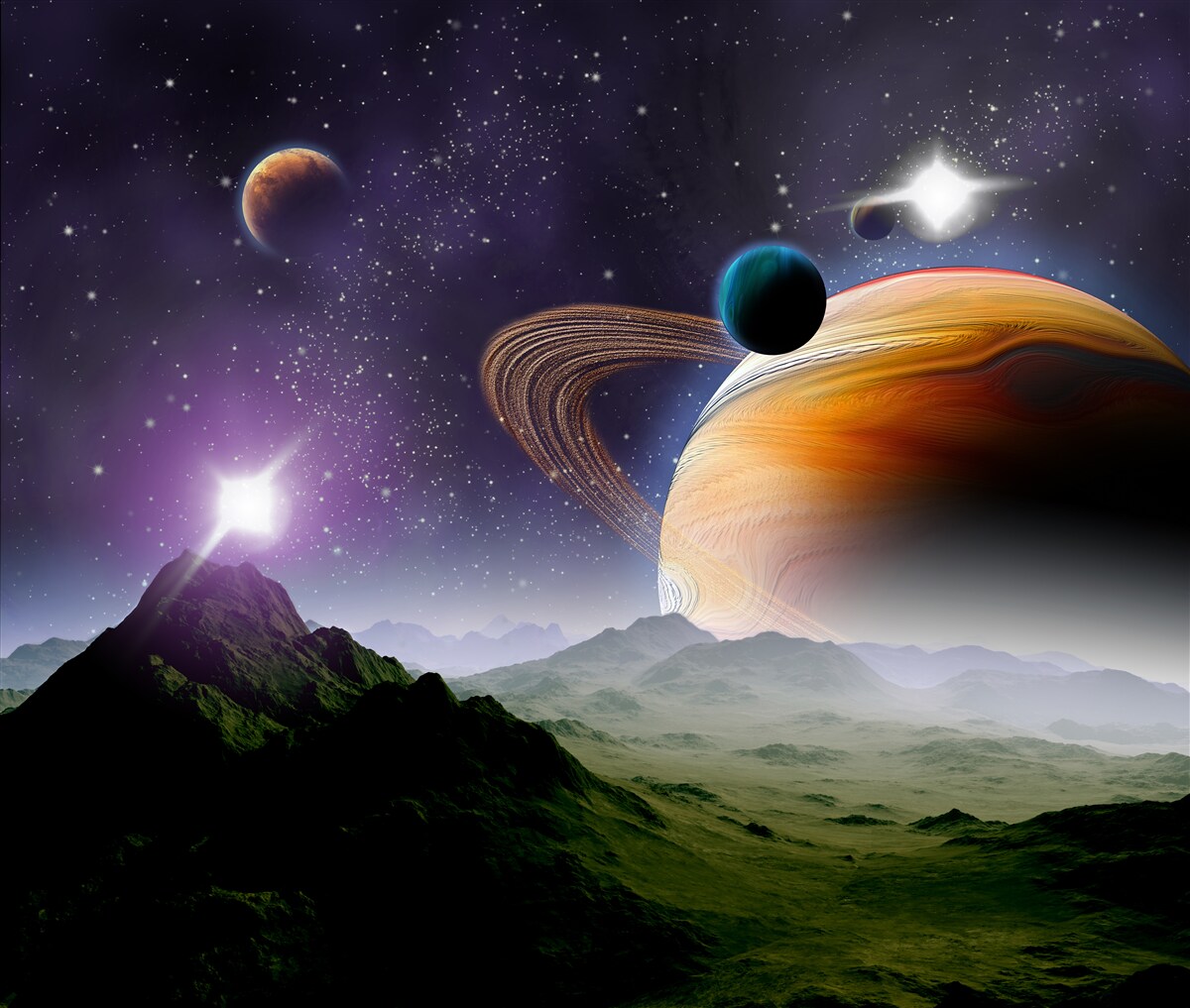 Fototapeten Ein abstraktes Bild von Planeten und Bergen im Raum