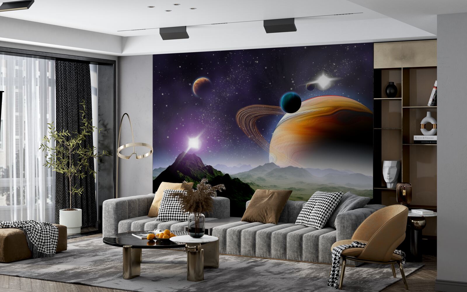 Fototapeten Ein abstraktes Bild von Planeten und Bergen im Raum