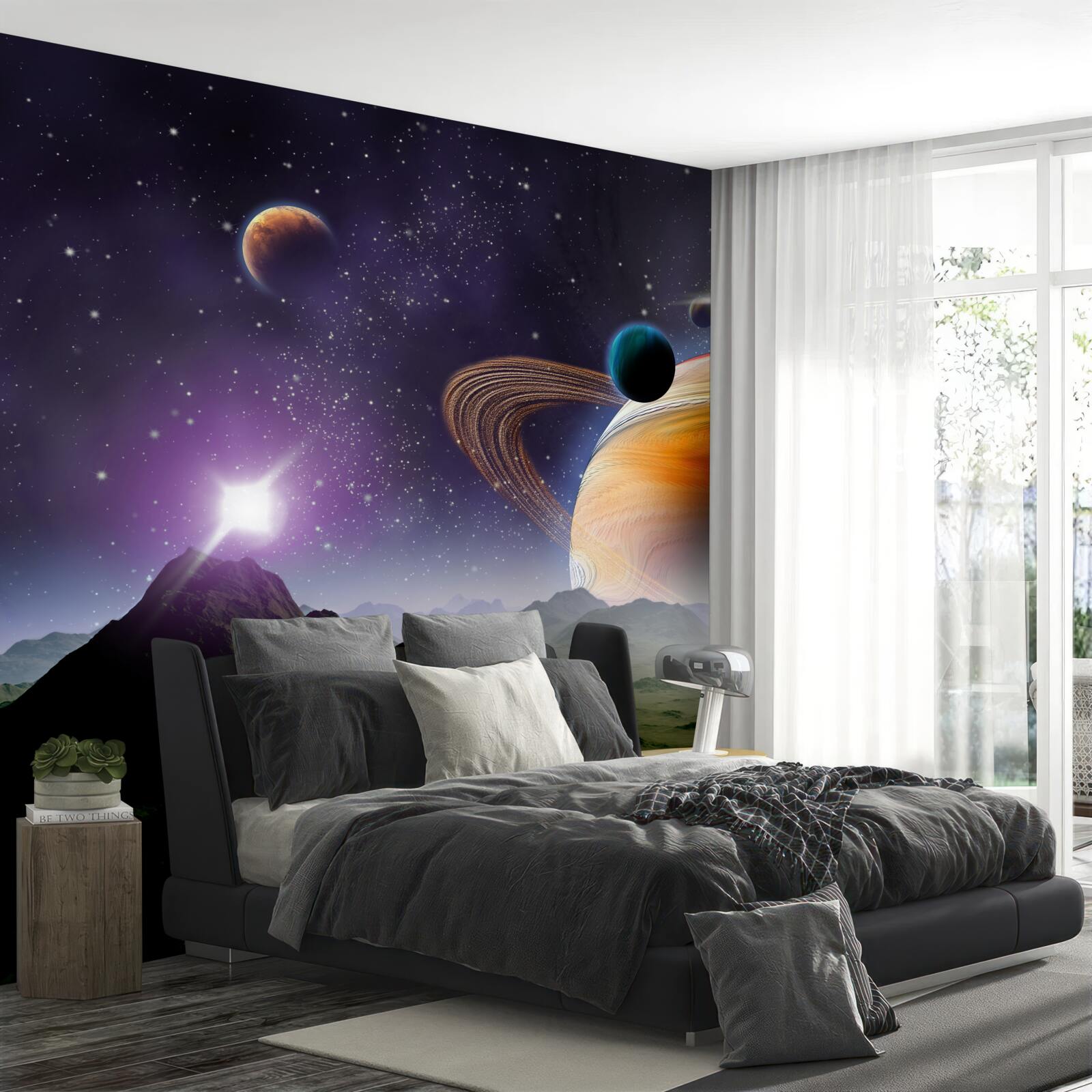 Fototapeten Ein abstraktes Bild von Planeten und Bergen im Raum