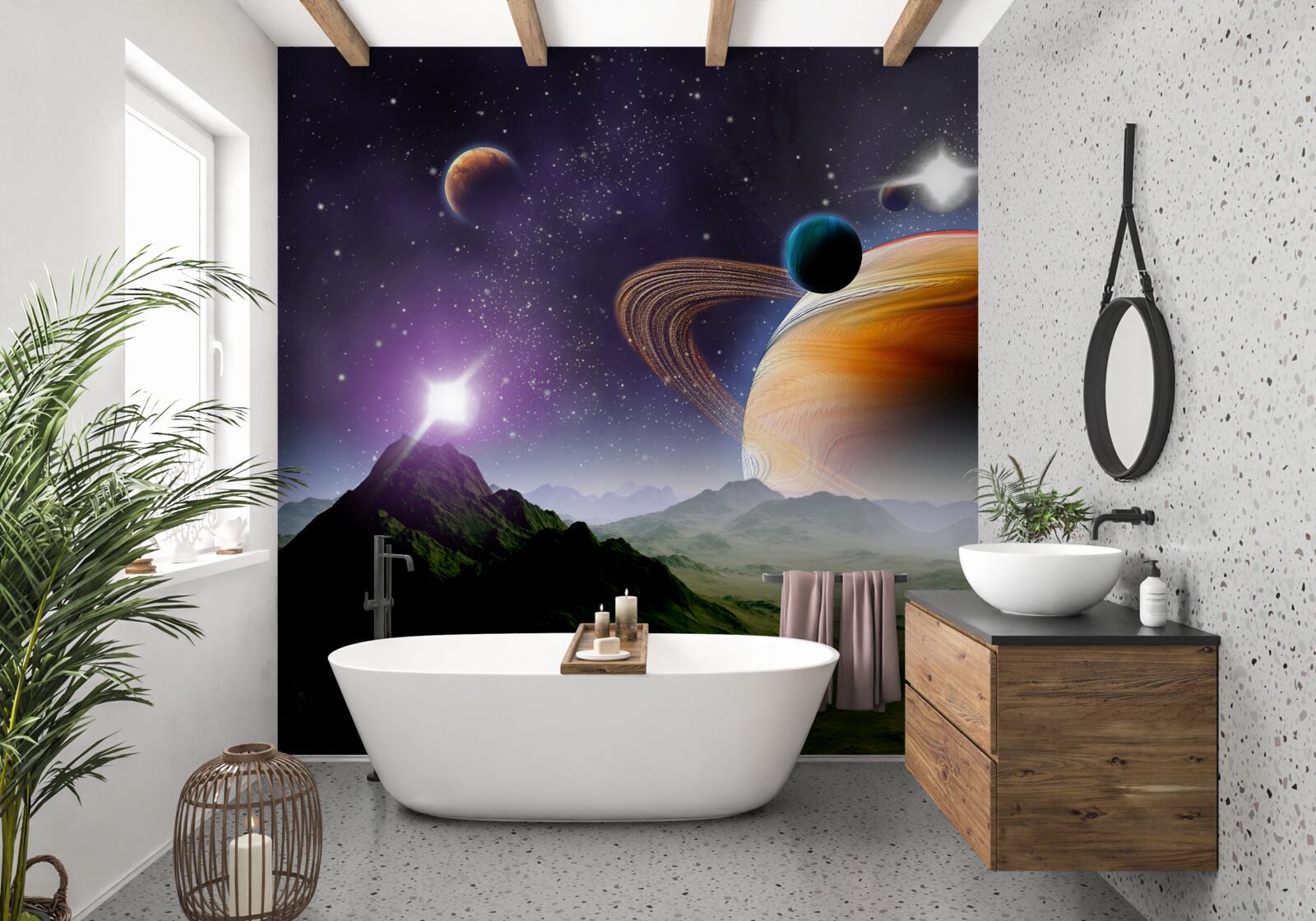 Fototapeten Ein abstraktes Bild von Planeten und Bergen im Raum