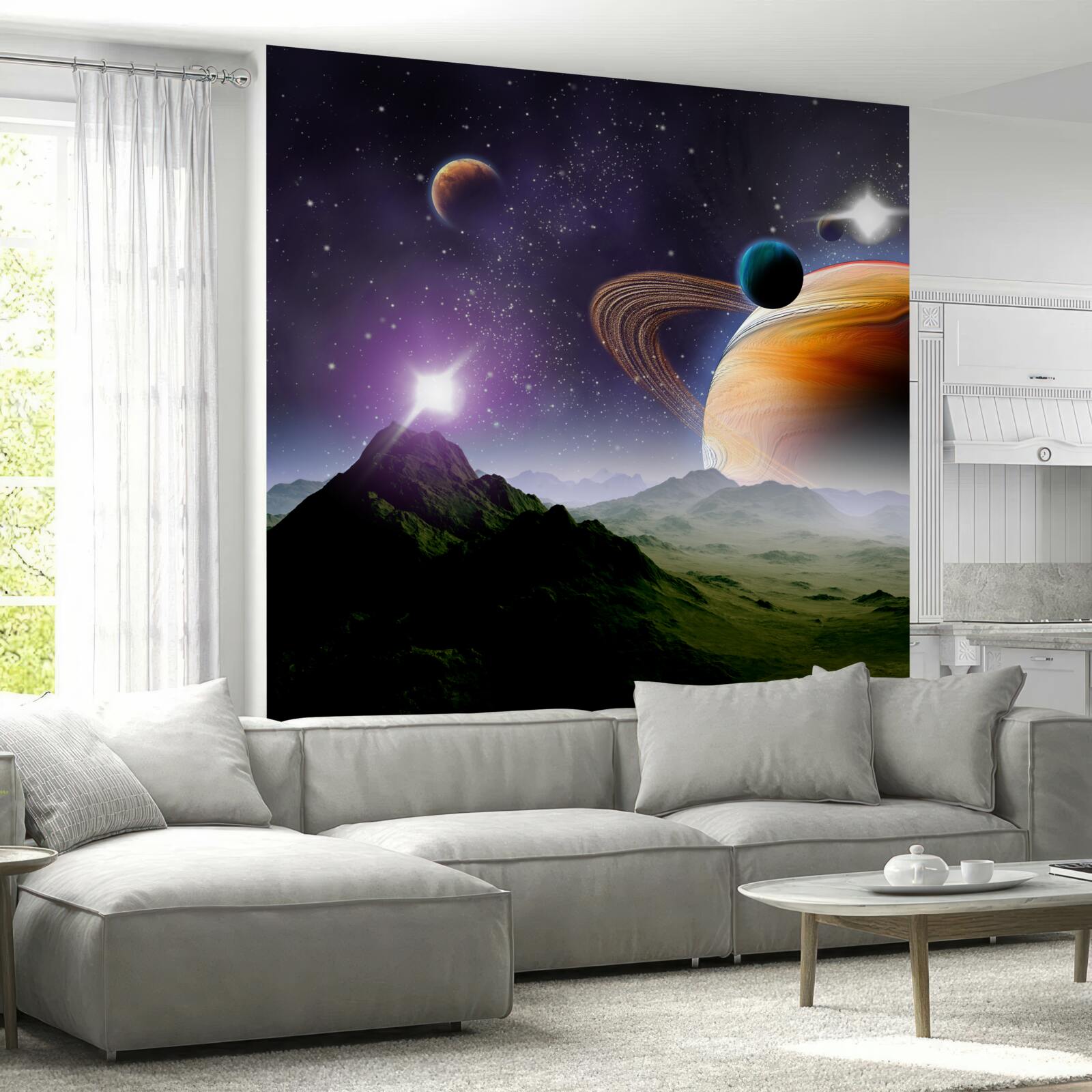 Fototapeten Ein abstraktes Bild von Planeten und Bergen im Raum