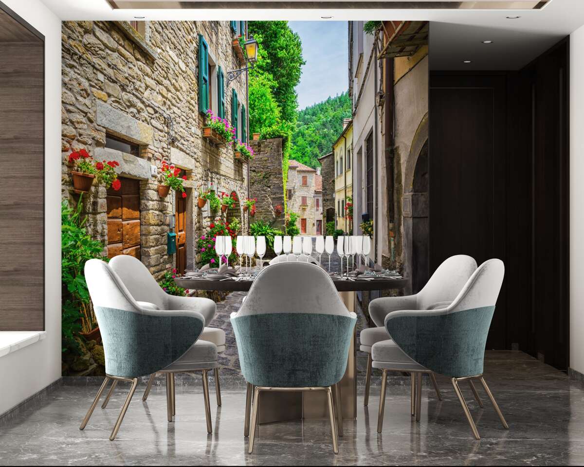 Fototapeten Old Stone Street der Stadt, umgeben von Grün umgeben