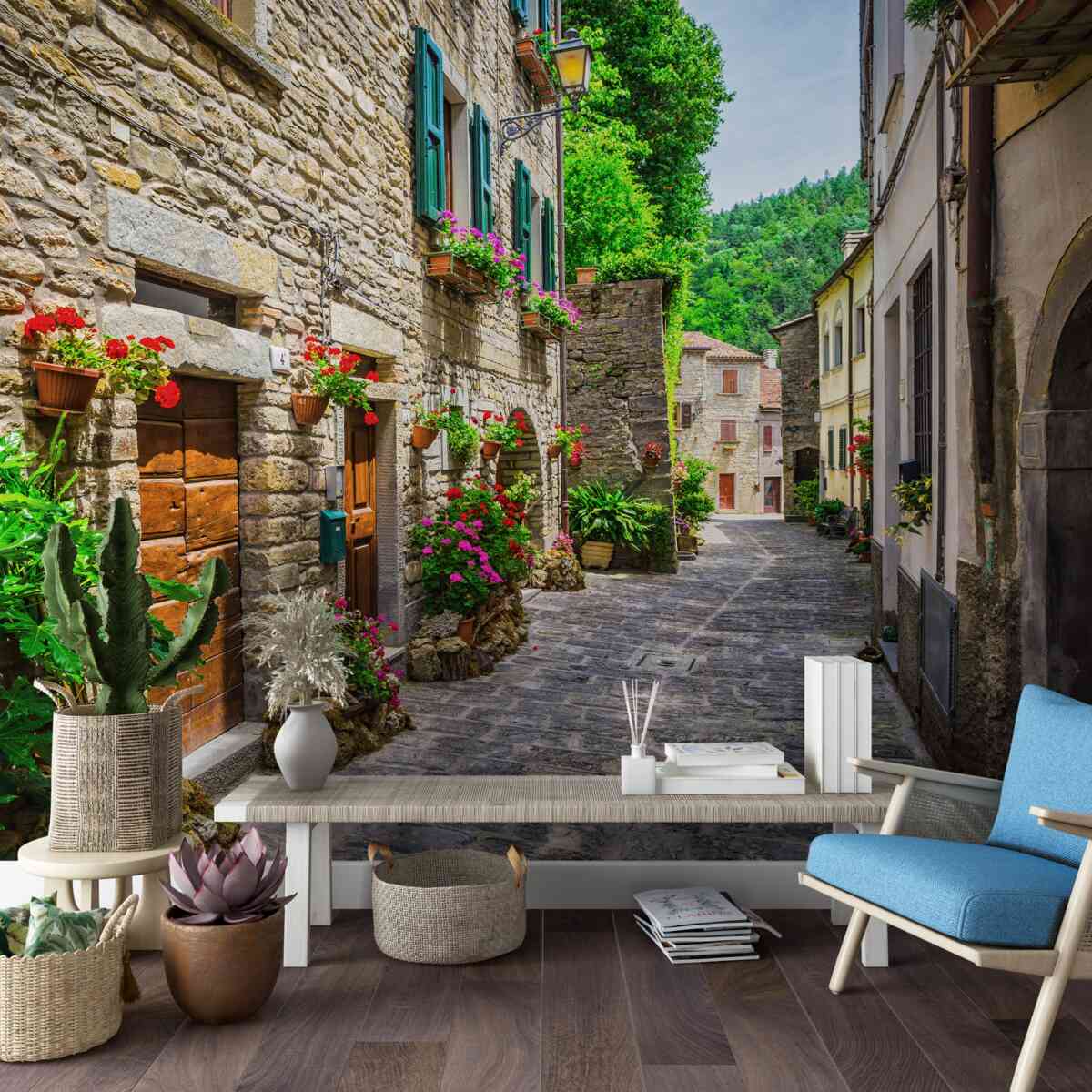 Fototapeten Old Stone Street der Stadt, umgeben von Grün umgeben