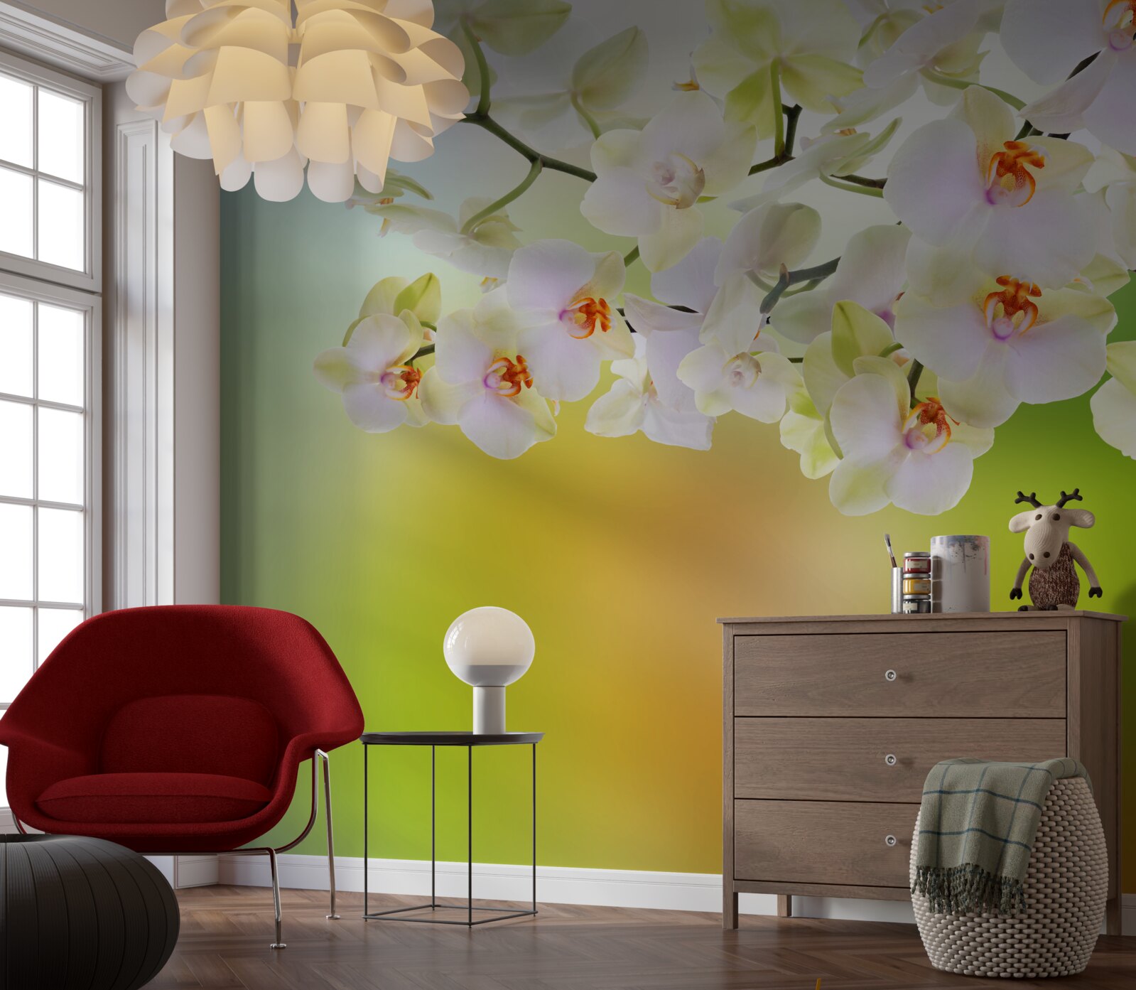 Fototapeten Große weiße Orchideen am Stiel