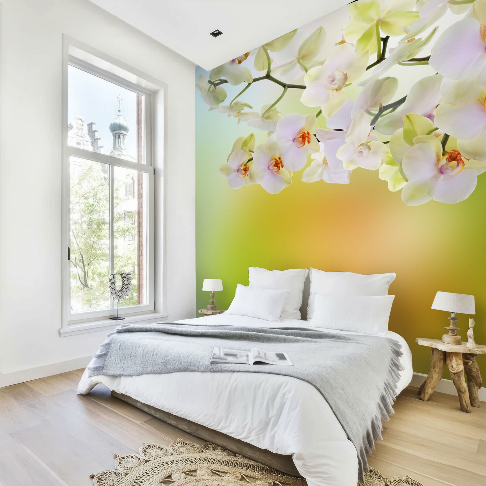 Fototapeten Große weiße Orchideen am Stiel