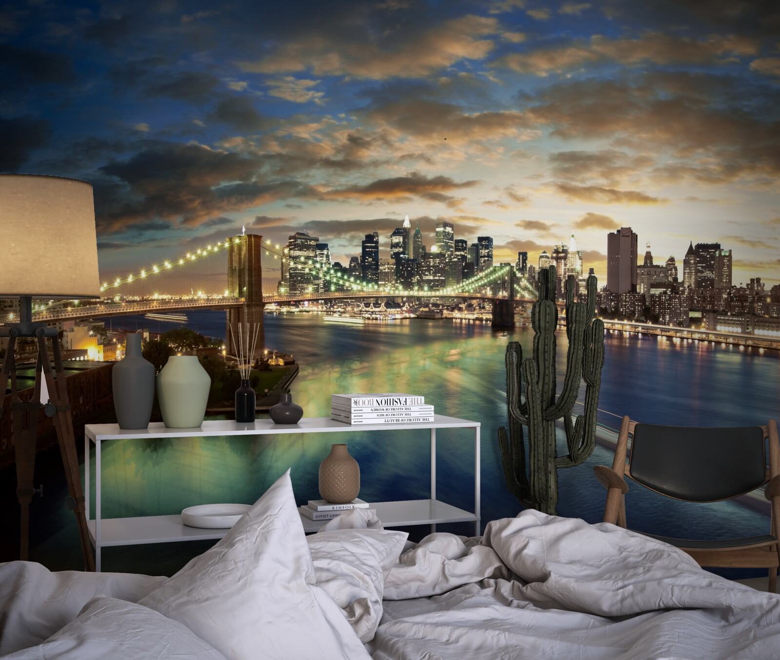 Fototapeten Nachtbeleuchtung von New York am Rande des Wassers