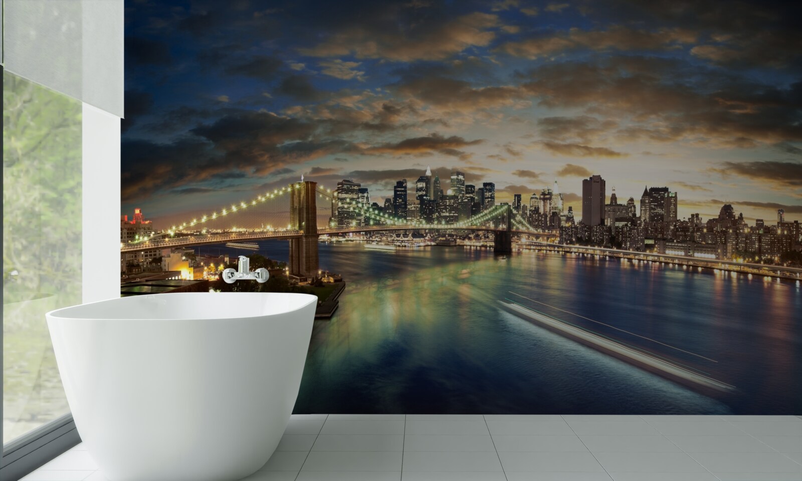 Fototapeten Nachtbeleuchtung von New York am Rande des Wassers