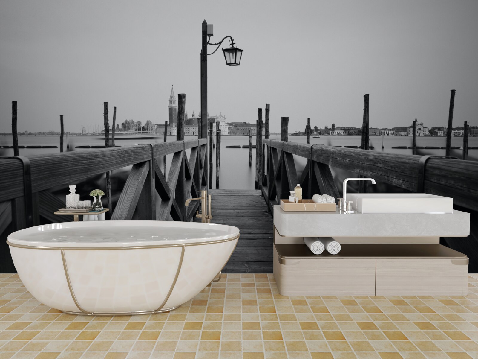 Fototapeten Böschungen aus Holz neben Wasser
