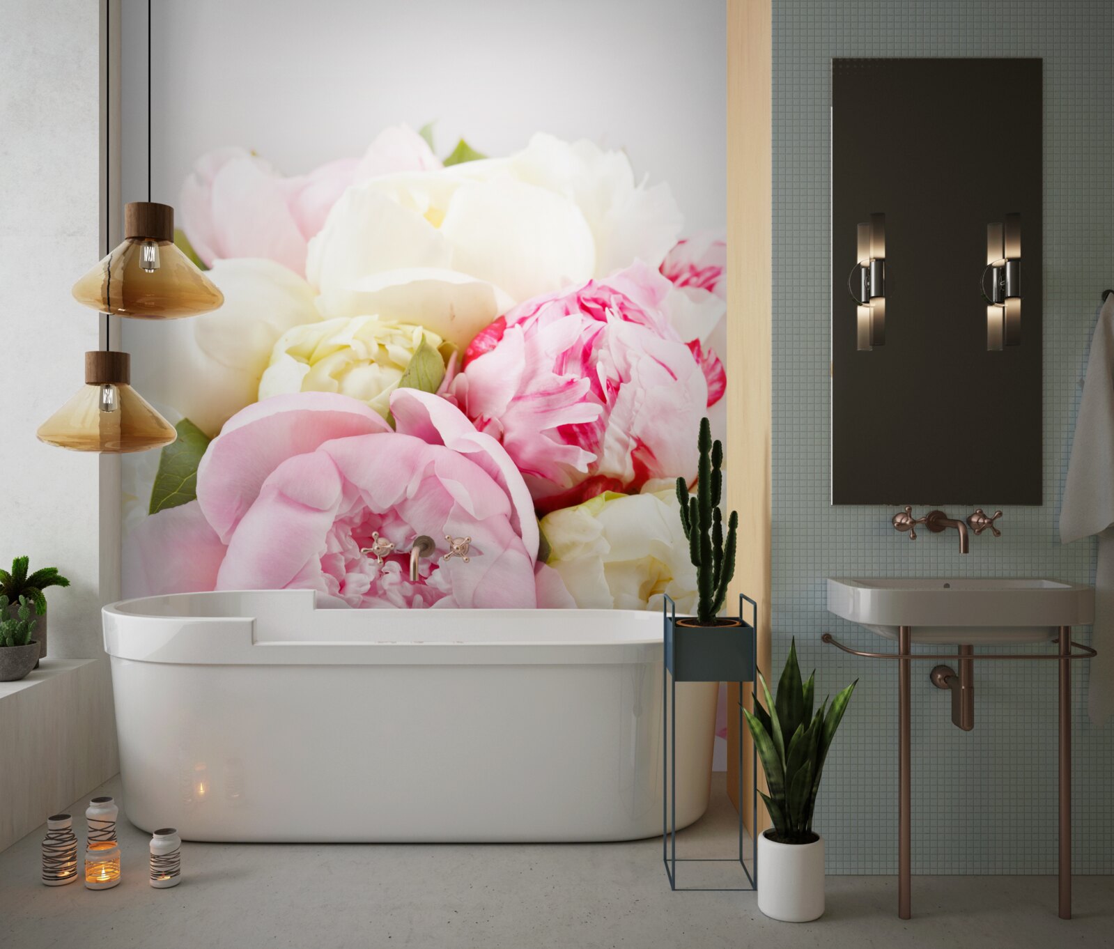 Fototapeten Delikate Pfingstrosen Rosen in einem weißen und rosa Ton