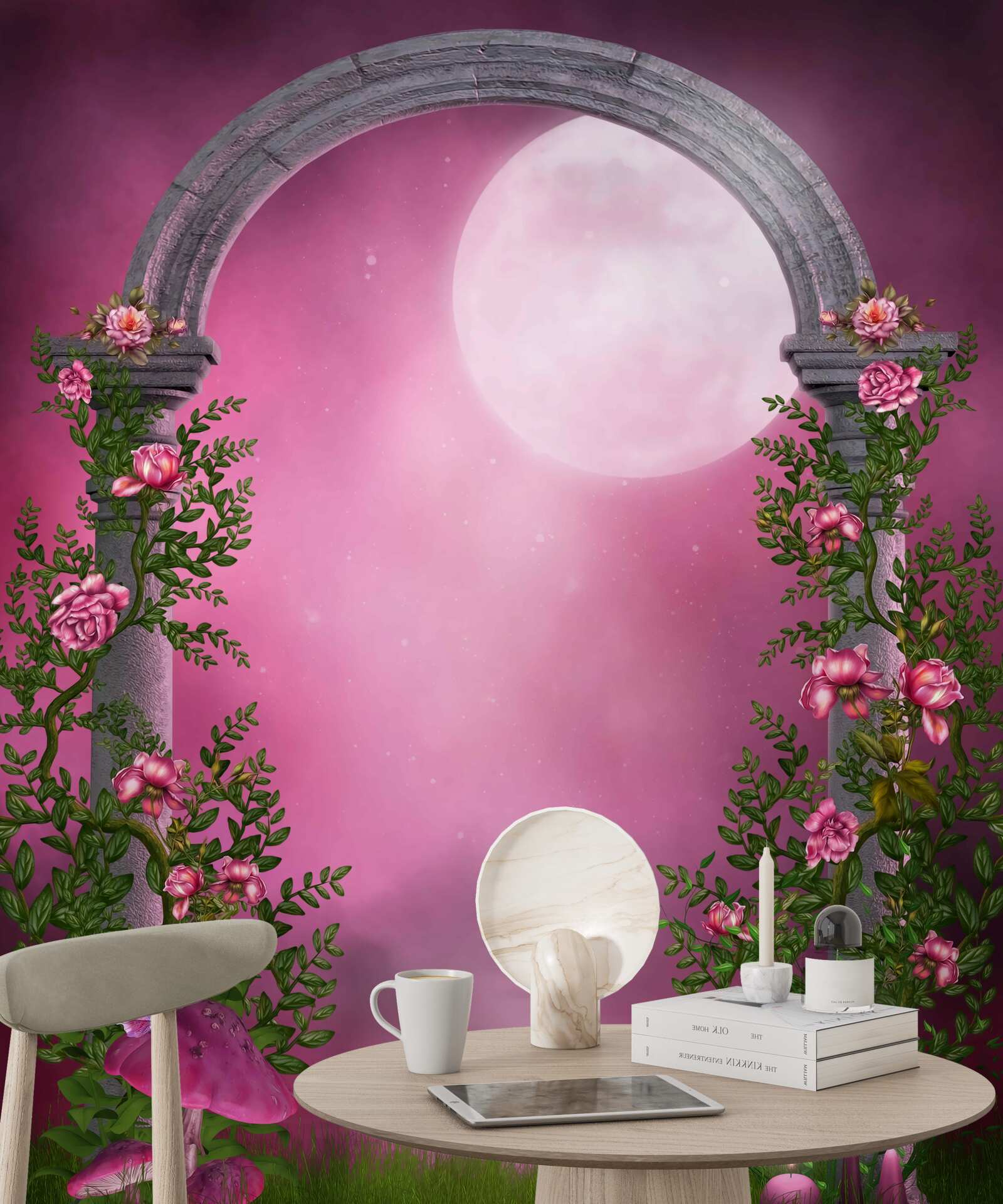 Fototapeten Der Mond scheint hell und der Steinbogen ist mit Blumen bedeckt