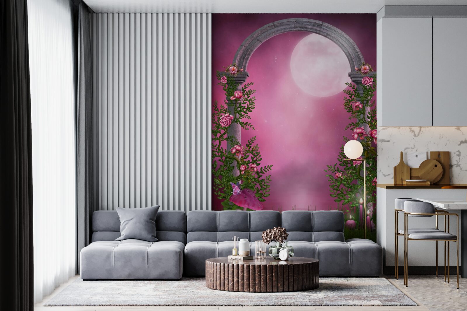Fototapeten Der Mond scheint hell und der Steinbogen ist mit Blumen bedeckt