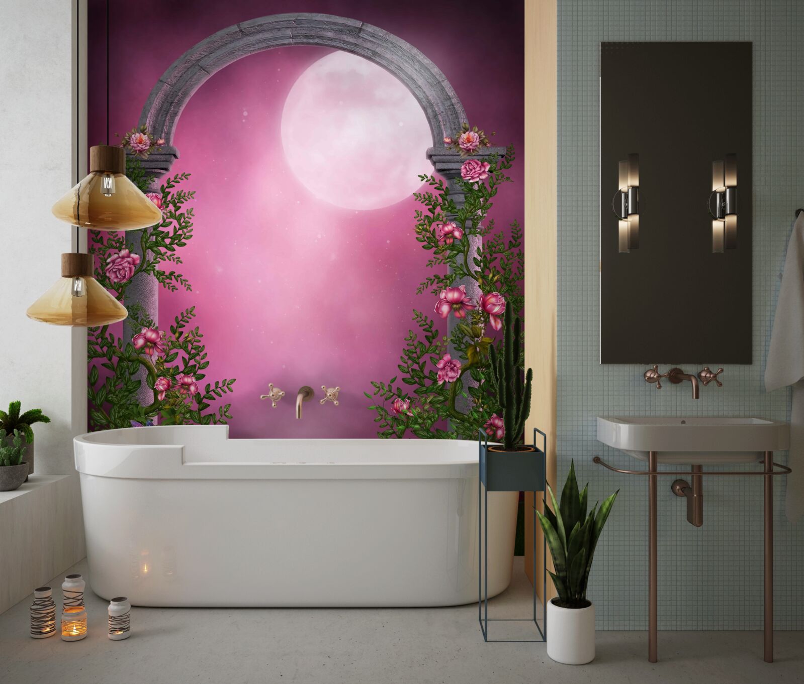 Fototapeten Der Mond scheint hell und der Steinbogen ist mit Blumen bedeckt
