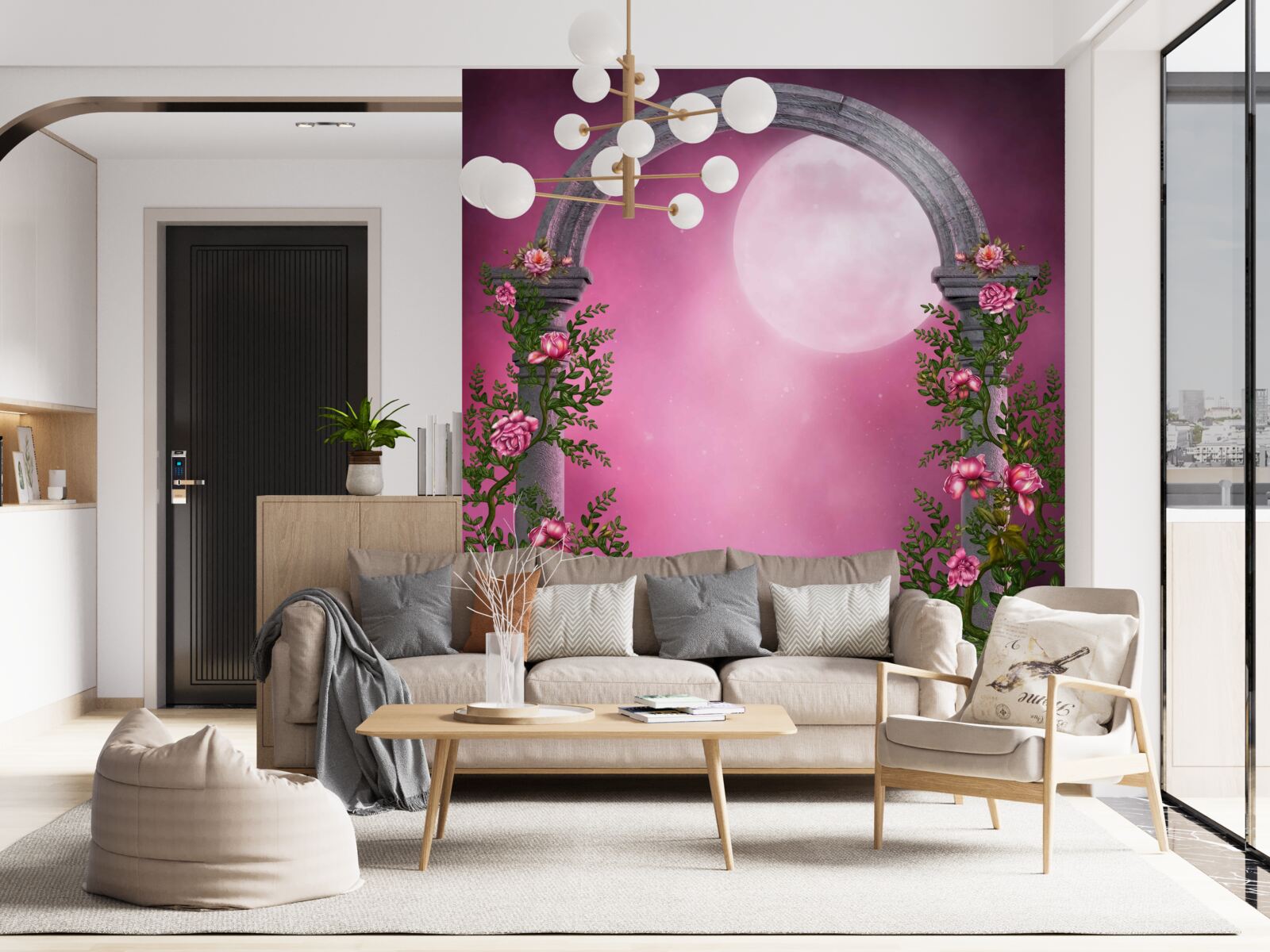 Fototapeten Der Mond scheint hell und der Steinbogen ist mit Blumen bedeckt
