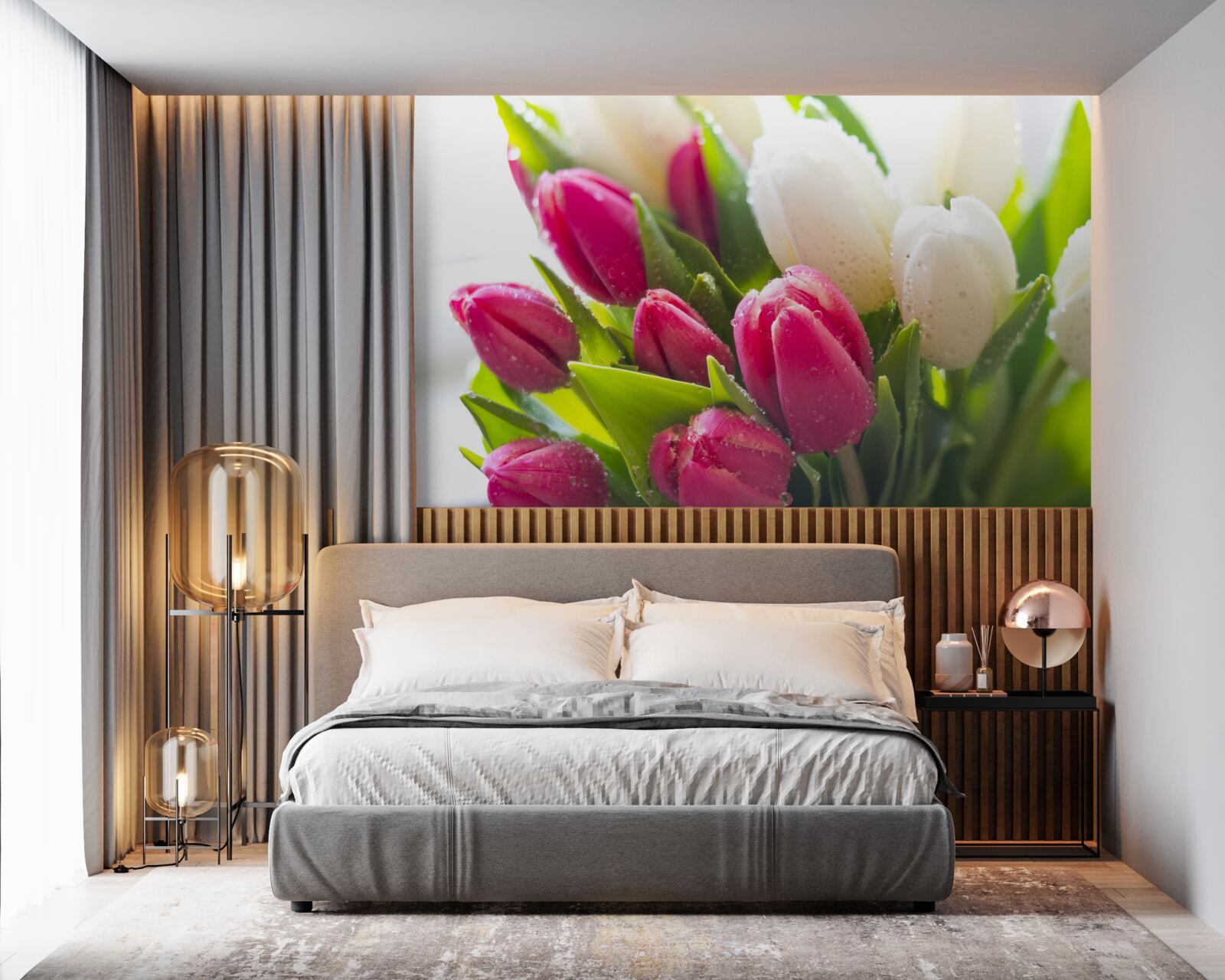 Fototapeten Zusammensetzung von weißen und Lavendel -Tulpen, die mit Tau bedeckt sind