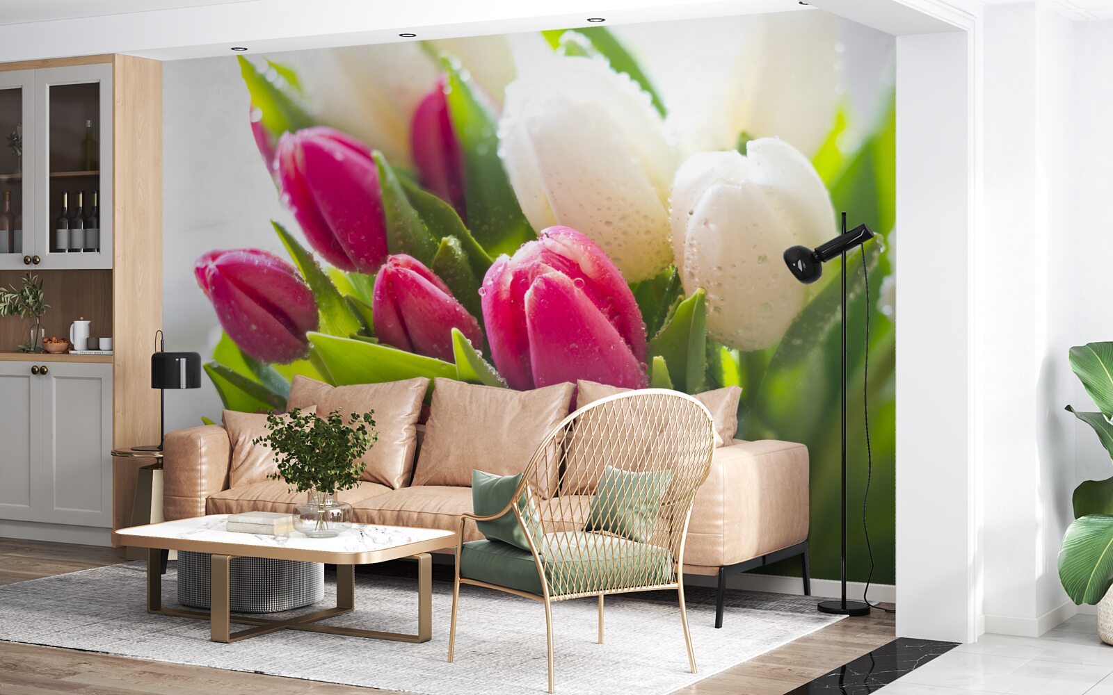 Fototapeten Zusammensetzung von weißen und Lavendel -Tulpen, die mit Tau bedeckt sind