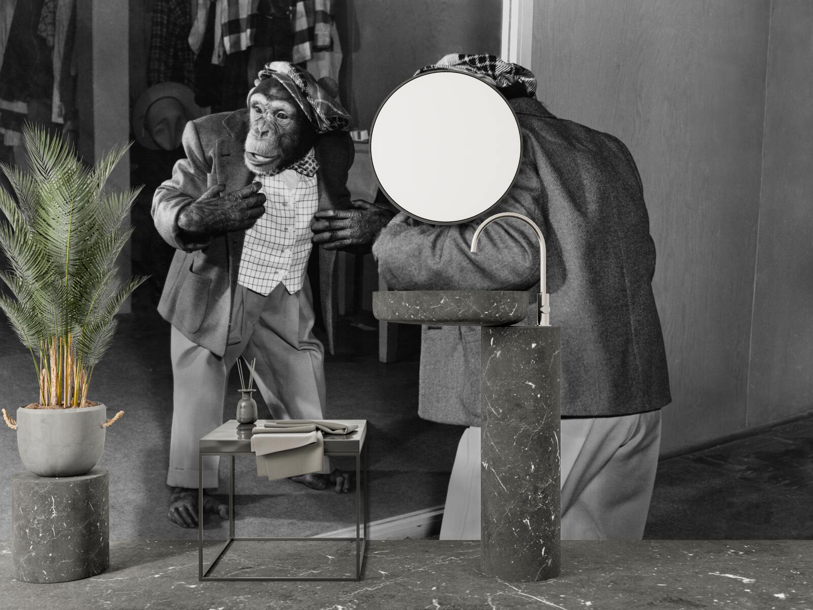 Fototapeten Affe in Kleidung, die in den Spiegel schaut