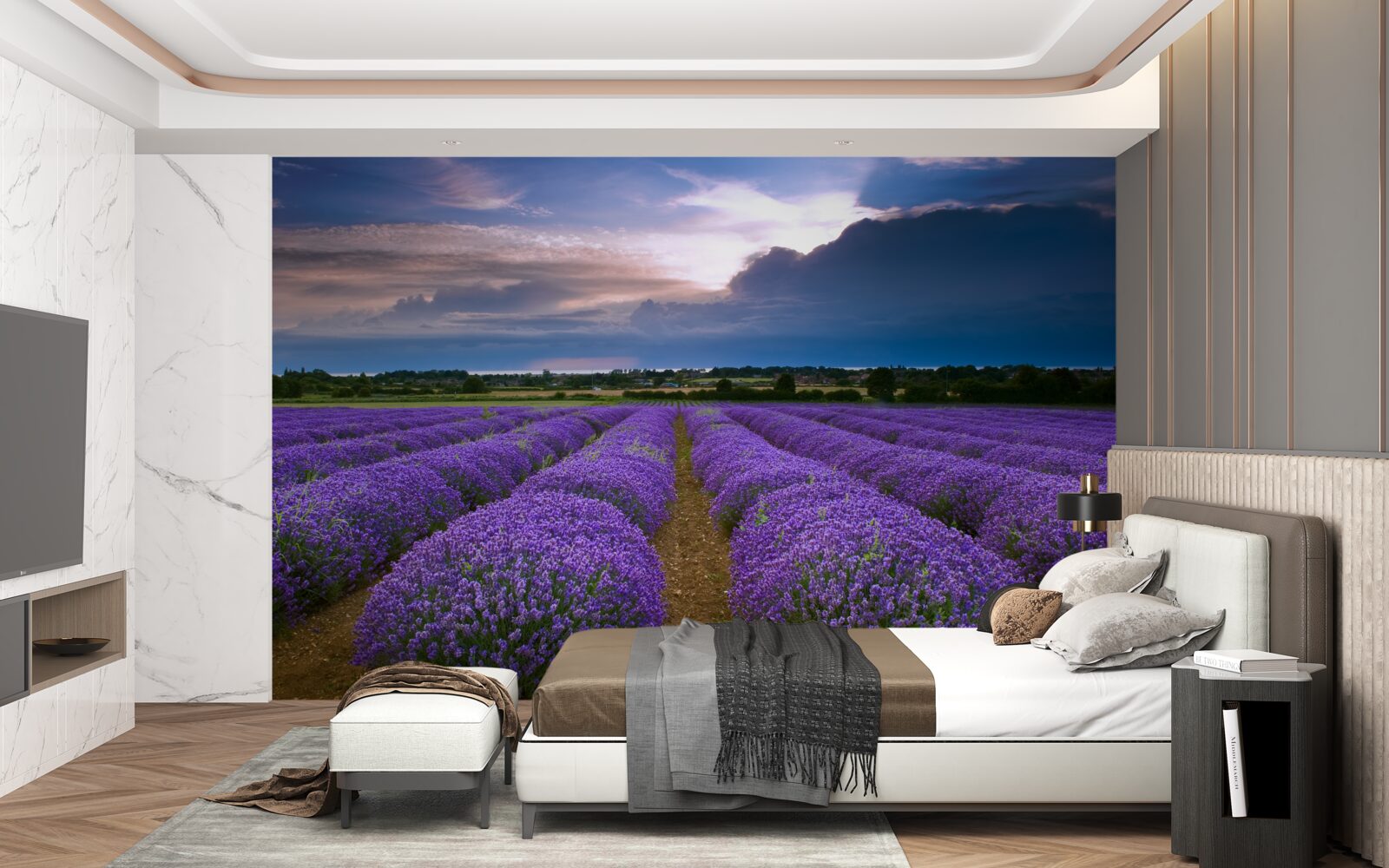 Fototapeten Duftende Lavendelbüsche wachsen im Feld