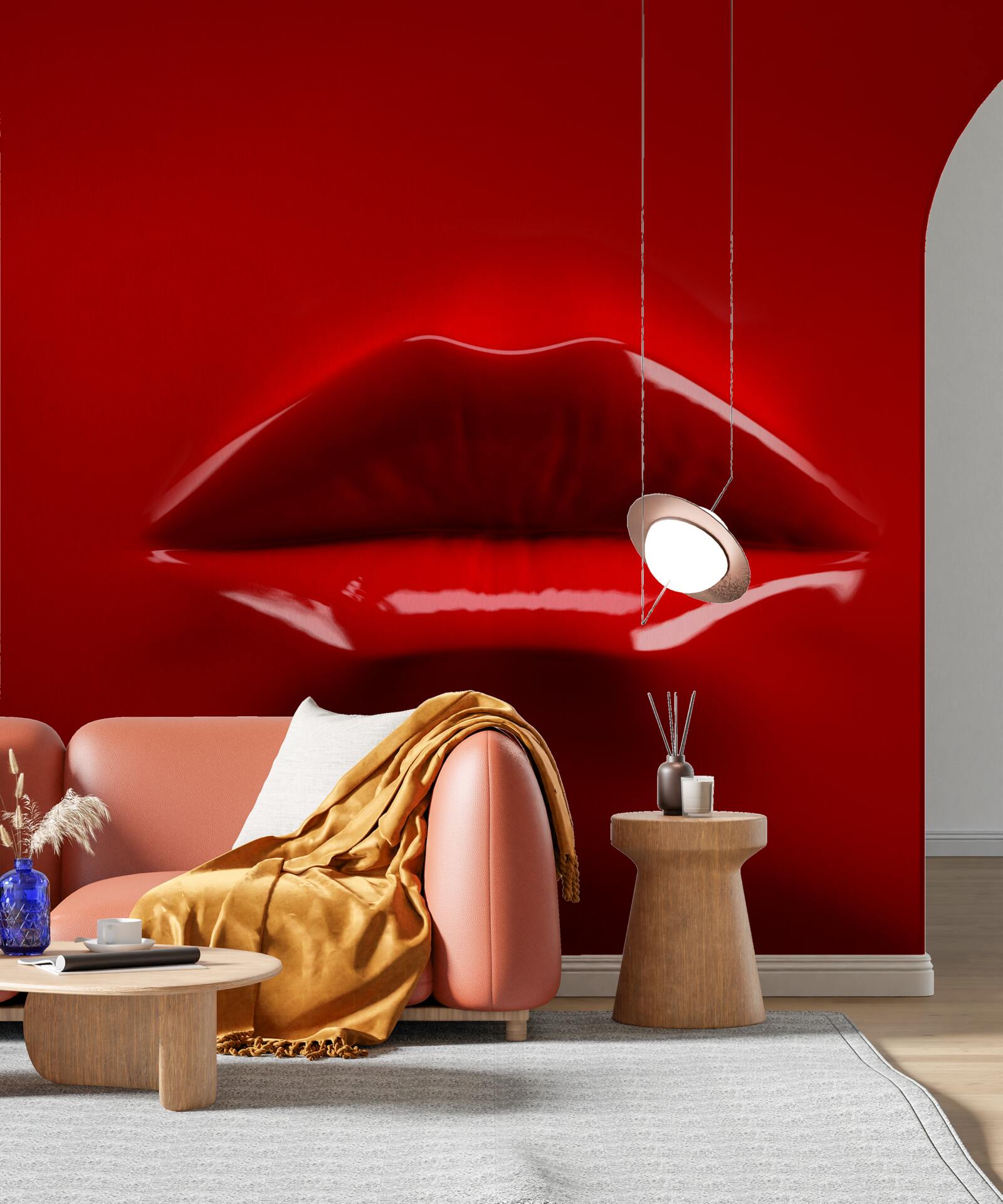 Fototapeten rote, volle Lippen stechen auf einem roten Hintergrund ab