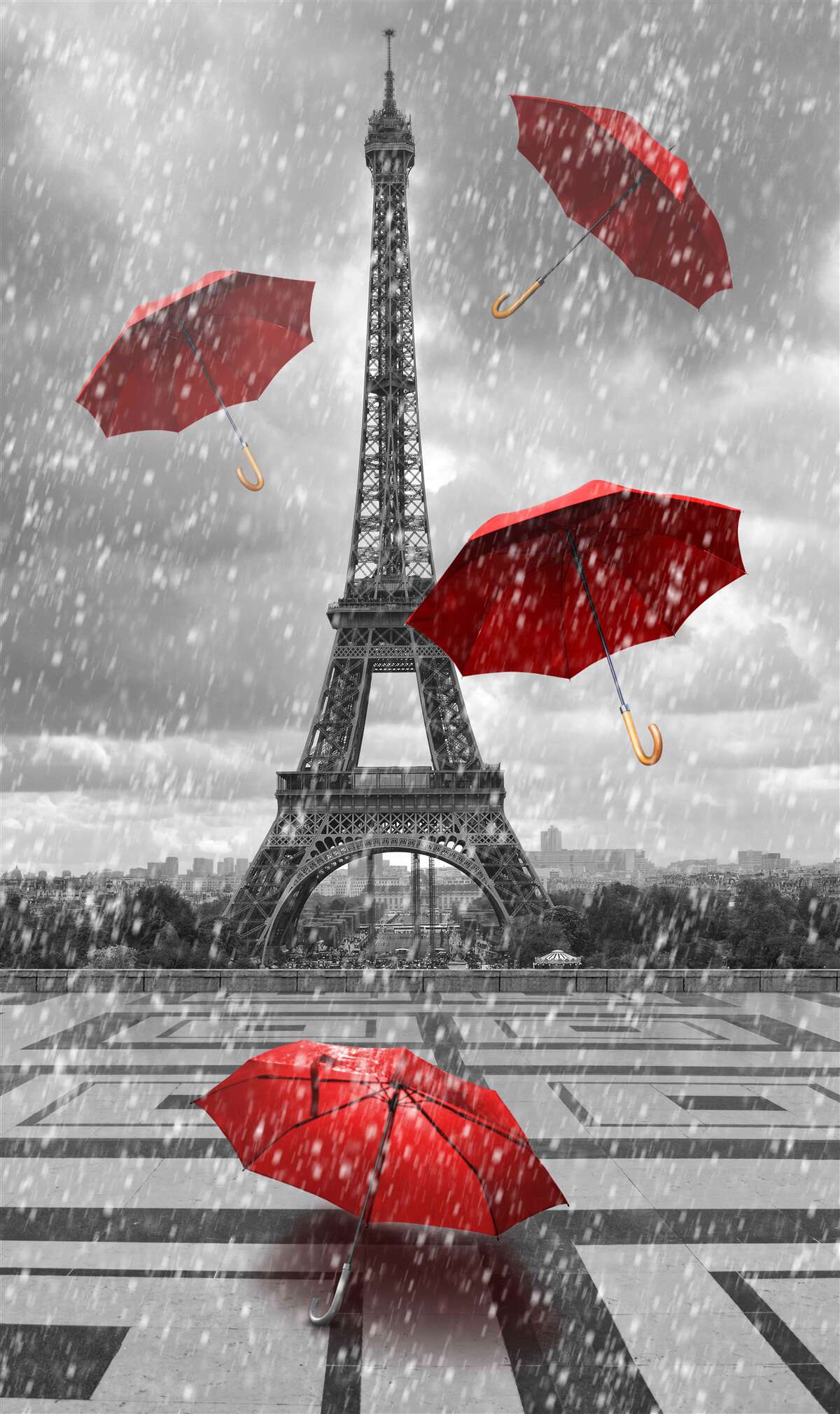 Fototapeten Es gibt rote Regenschirme auf dem Platz vor dem Turm
