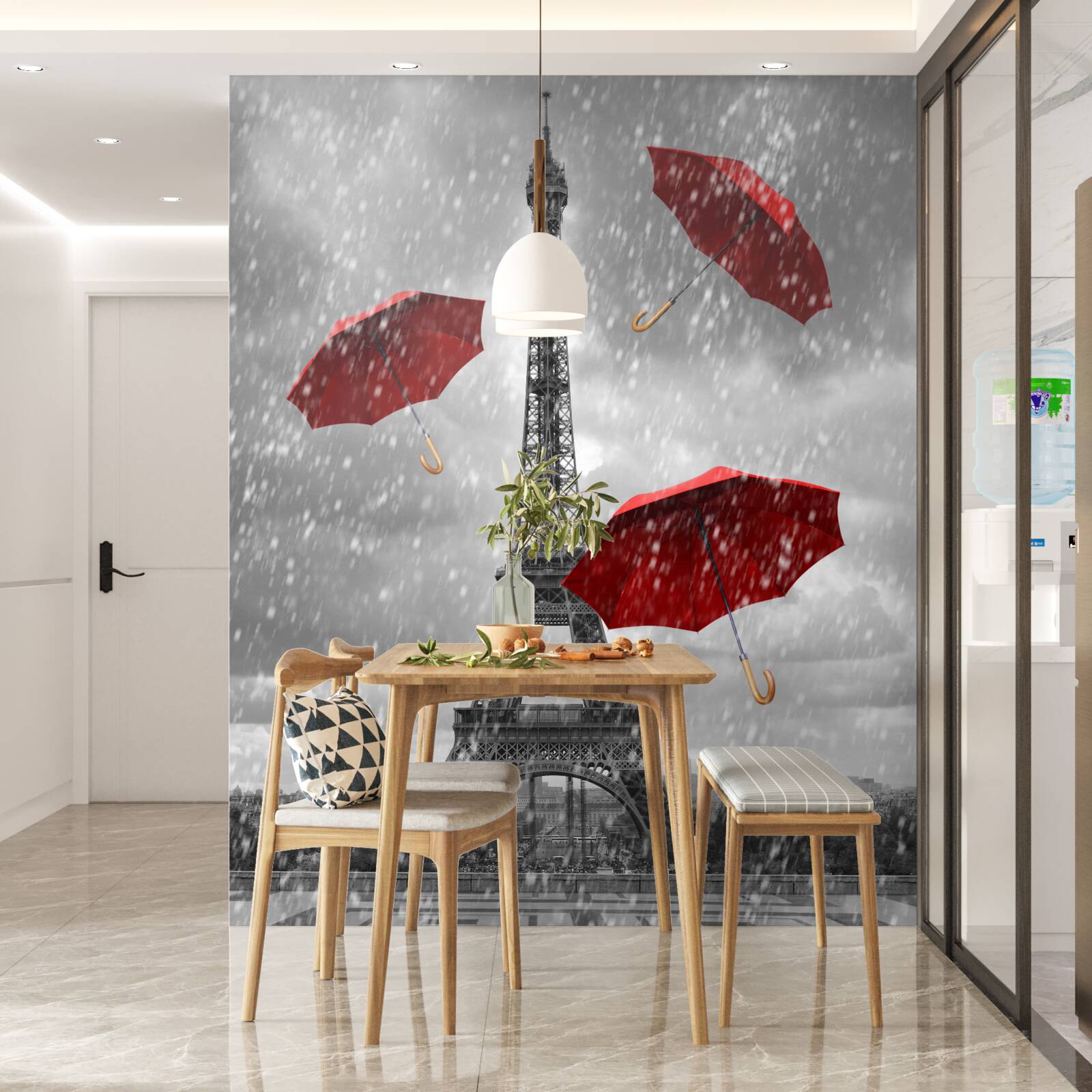 Fototapeten Es gibt rote Regenschirme auf dem Platz vor dem Turm