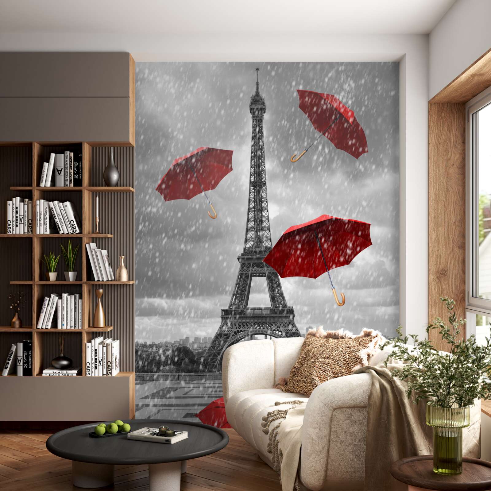 Fototapeten Es gibt rote Regenschirme auf dem Platz vor dem Turm