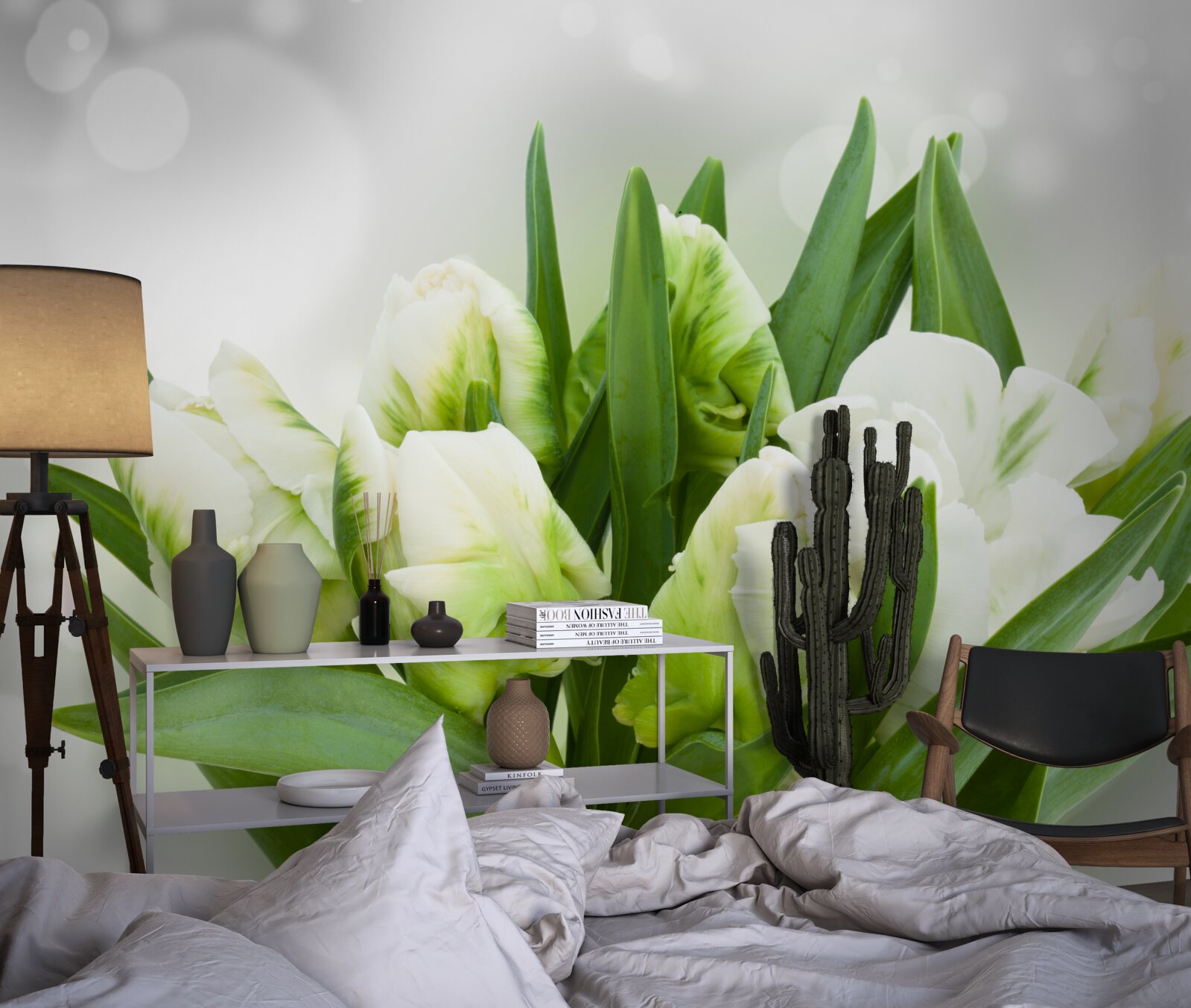 Fototapeten Eine Komposition von Tulpen in Weiß und Grüntönen