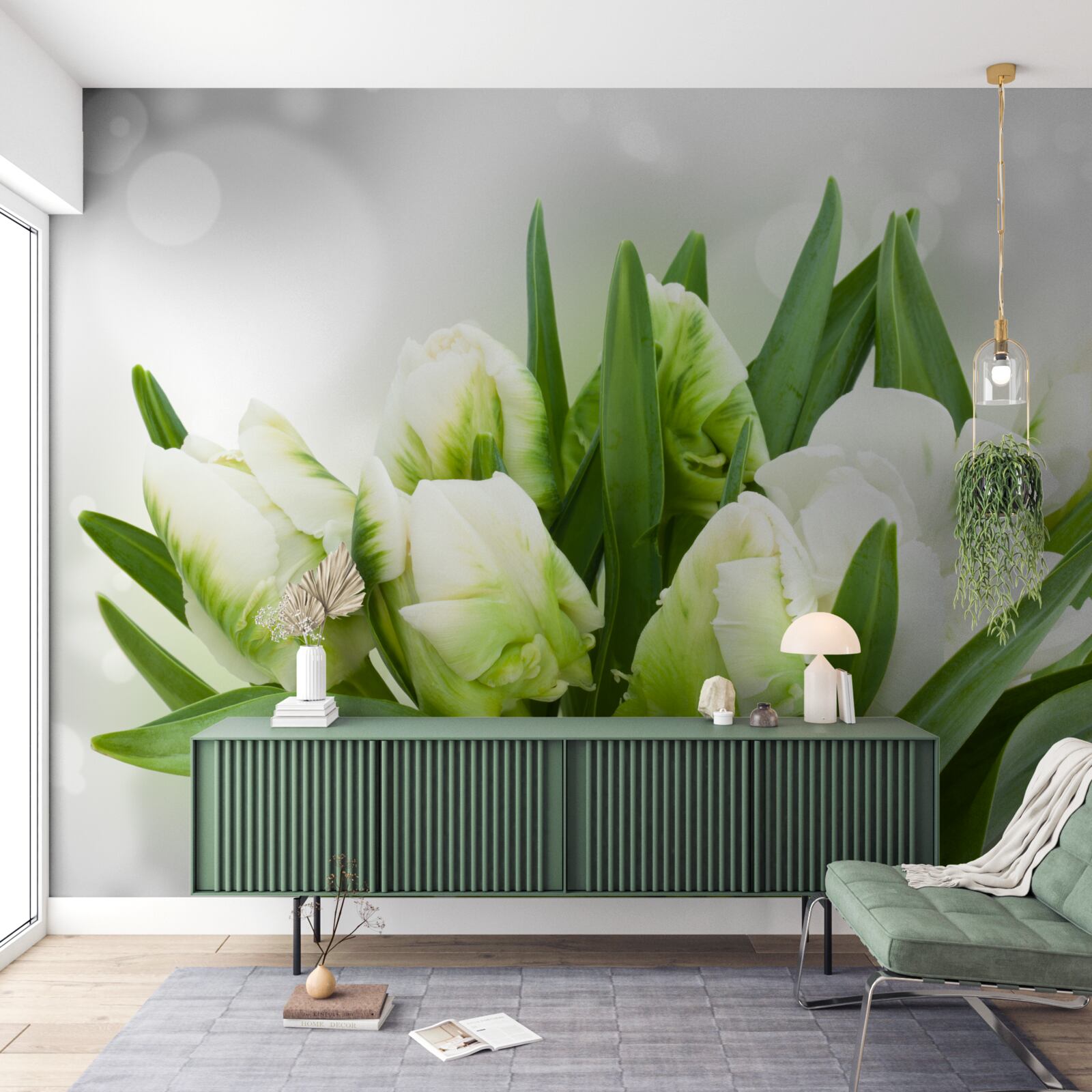 Fototapeten Eine Komposition von Tulpen in Weiß und Grüntönen