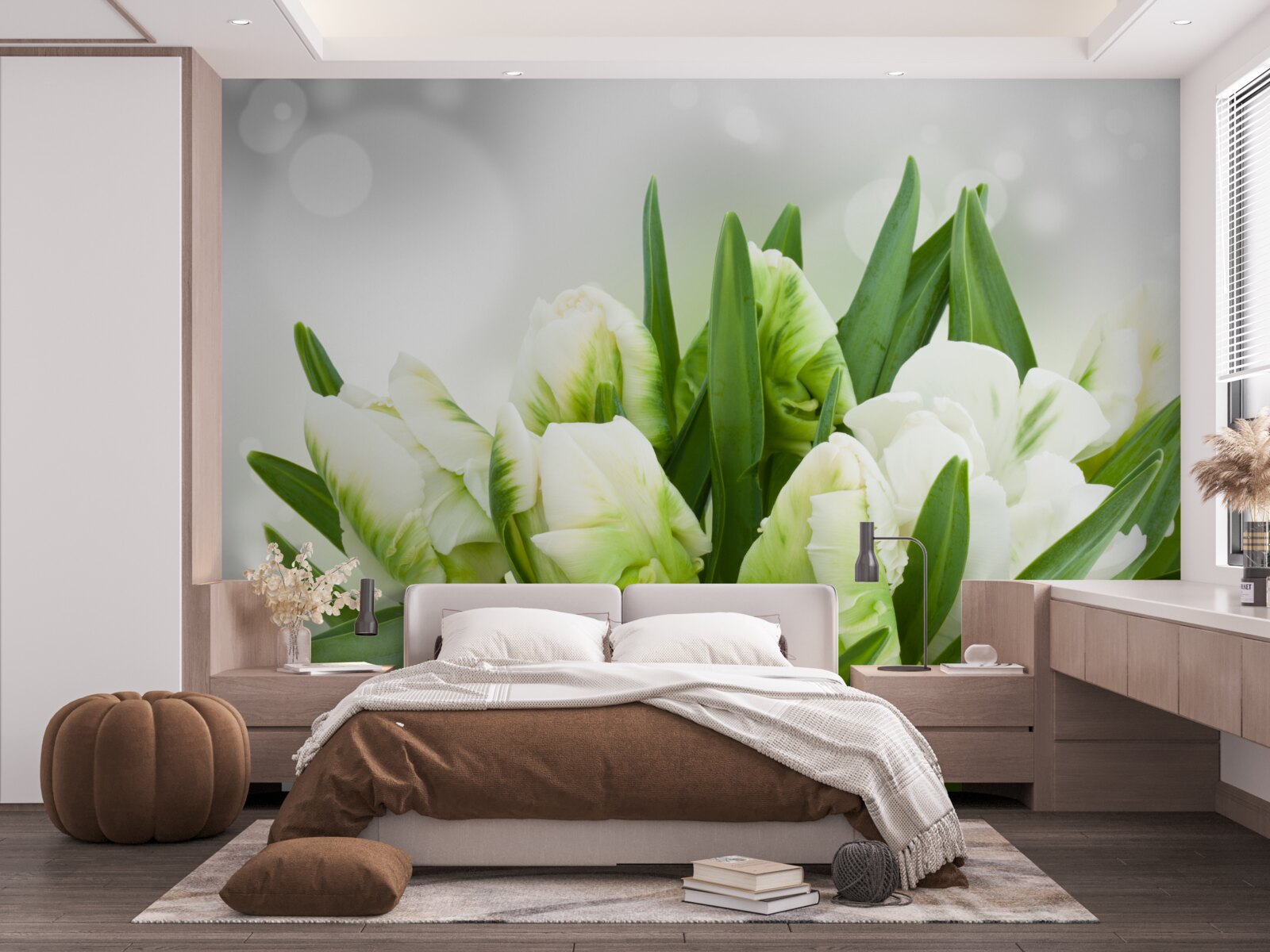 Fototapeten Eine Komposition von Tulpen in Weiß und Grüntönen
