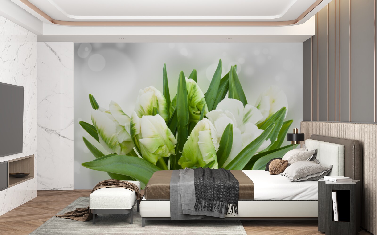 Fototapeten Eine Komposition von Tulpen in Weiß und Grüntönen