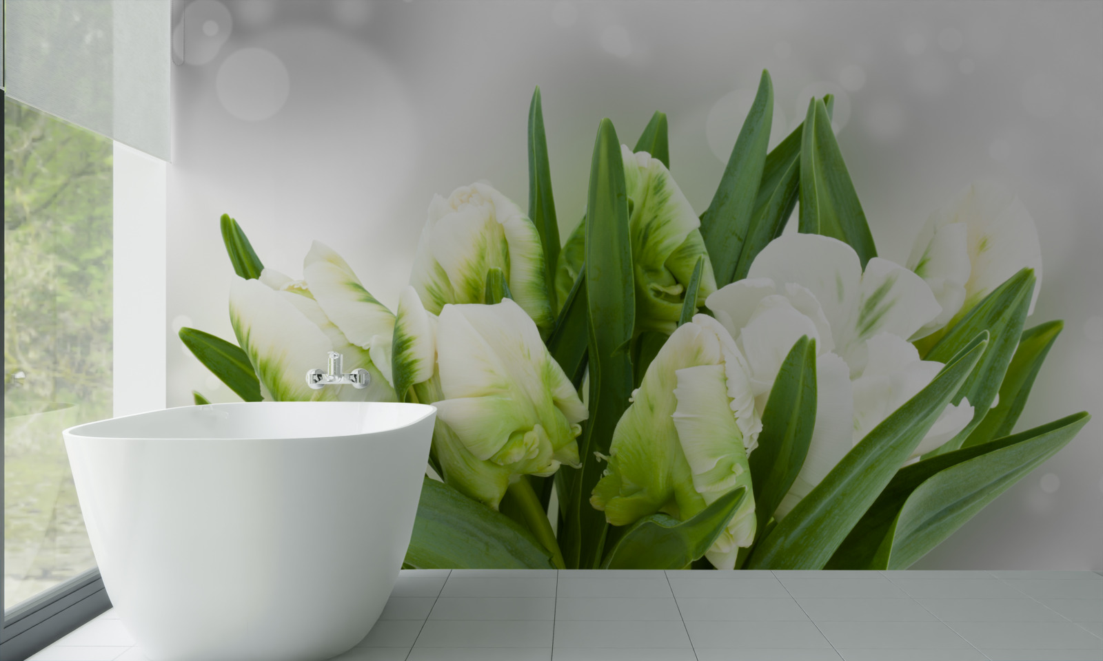 Fototapeten Eine Komposition von Tulpen in Weiß und Grüntönen
