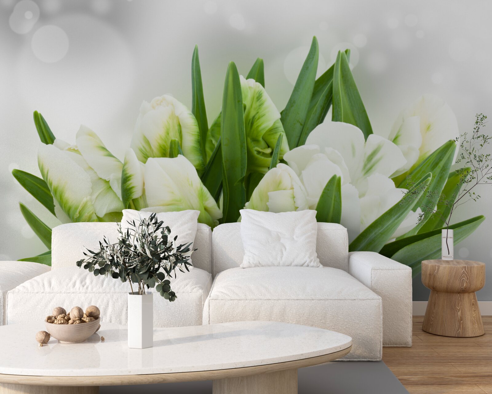 Fototapeten Eine Komposition von Tulpen in Weiß und Grüntönen