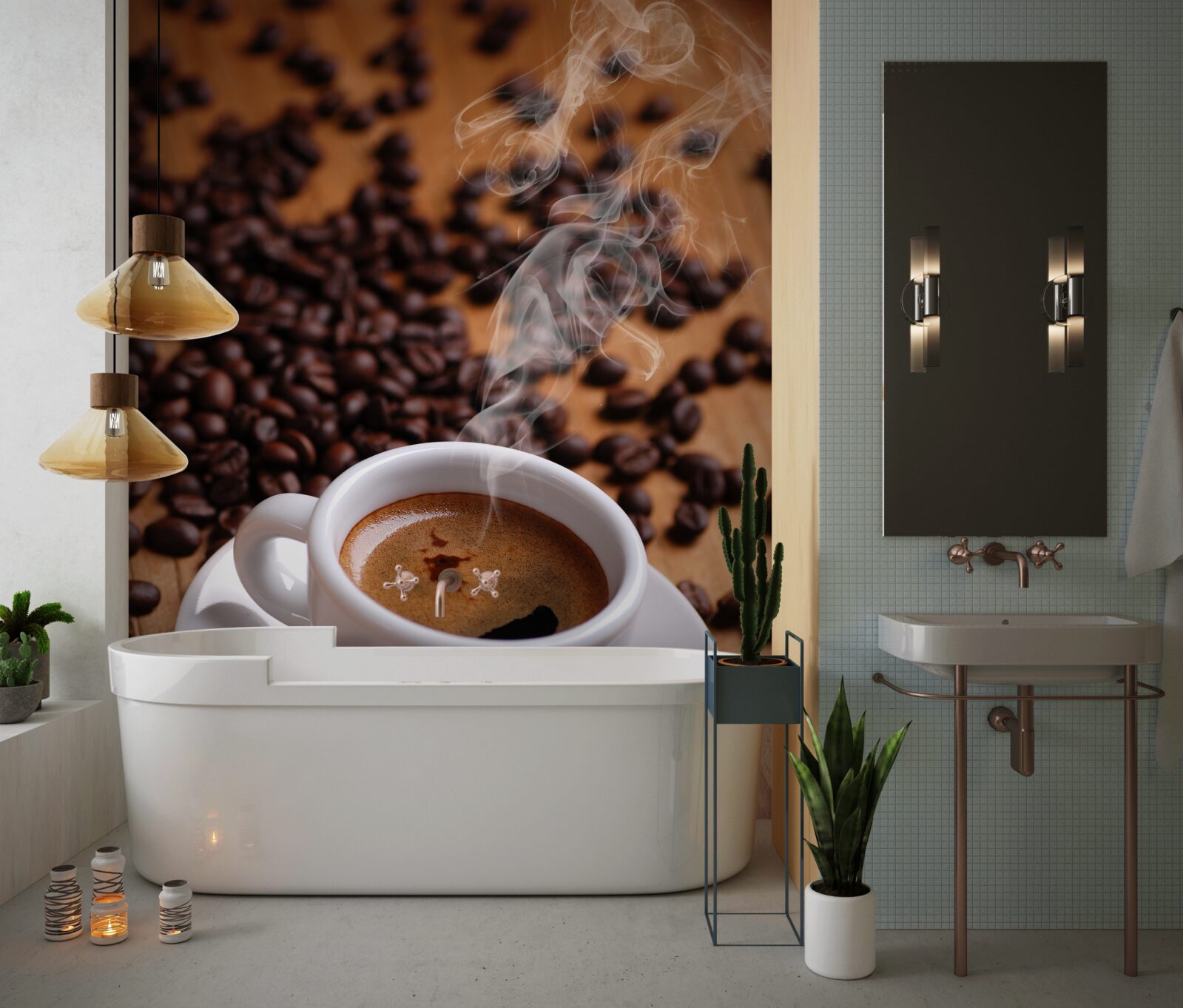 Fototapeten Eine Tasse Kaffee mit Aroma, die Körner freisetzen