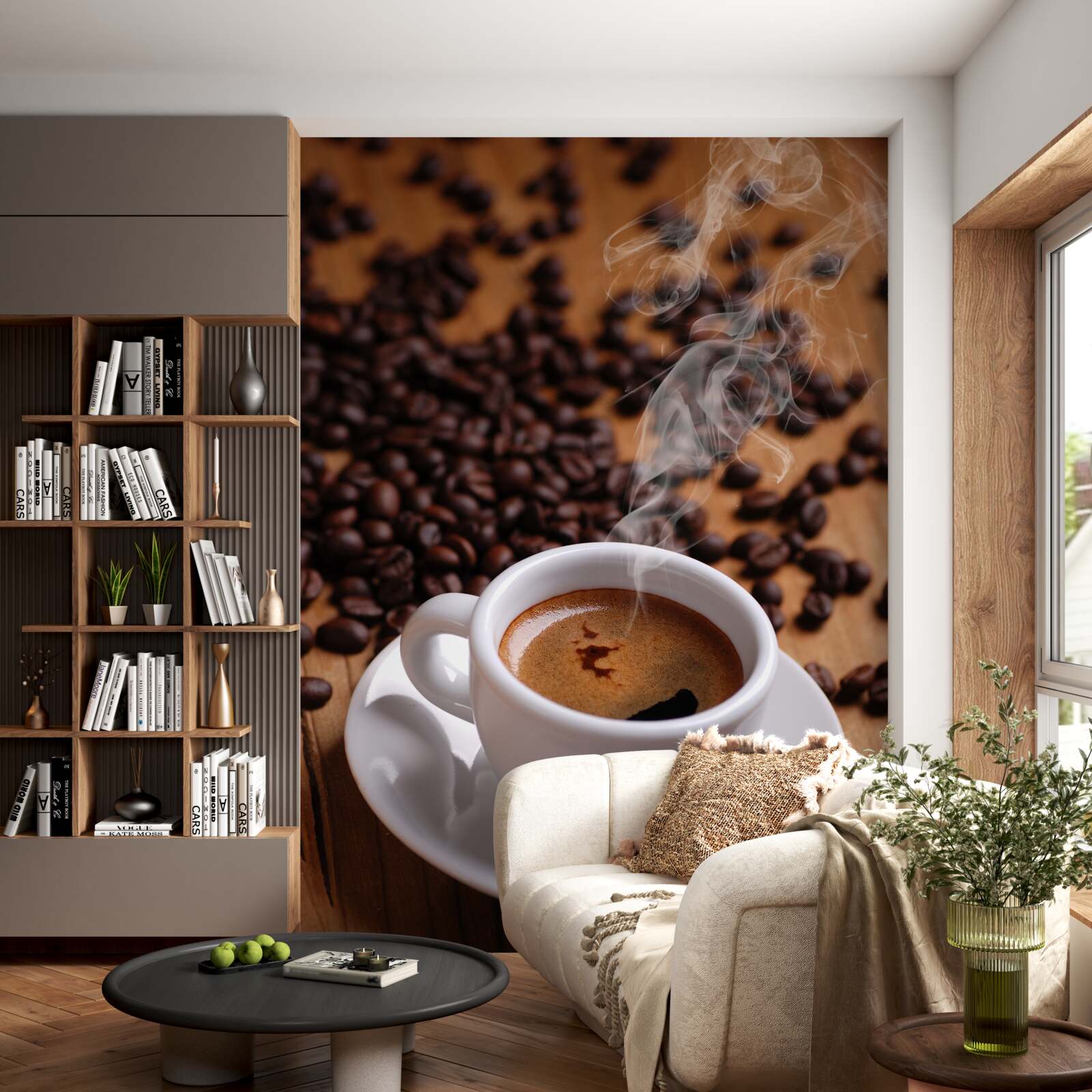 Fototapeten Eine Tasse Kaffee mit Aroma, die Körner freisetzen