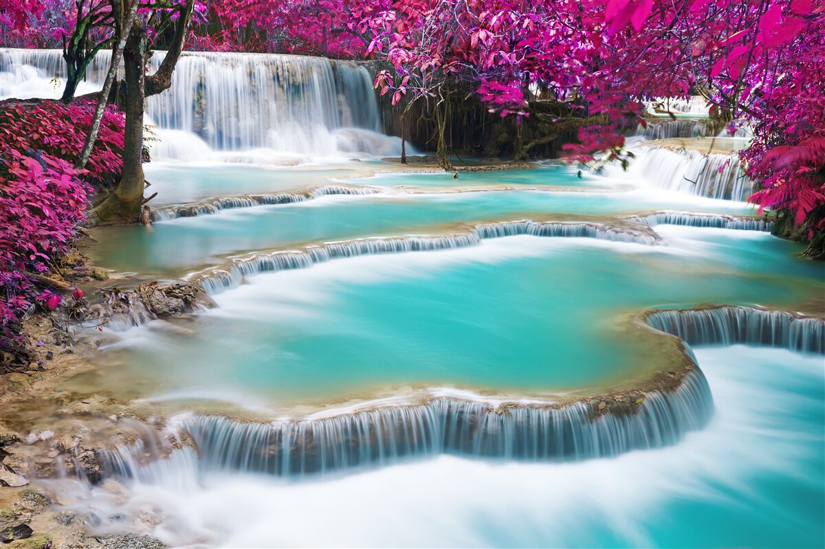 Fototapeten Kaskadenwasserfall zwischen Fliederblüten