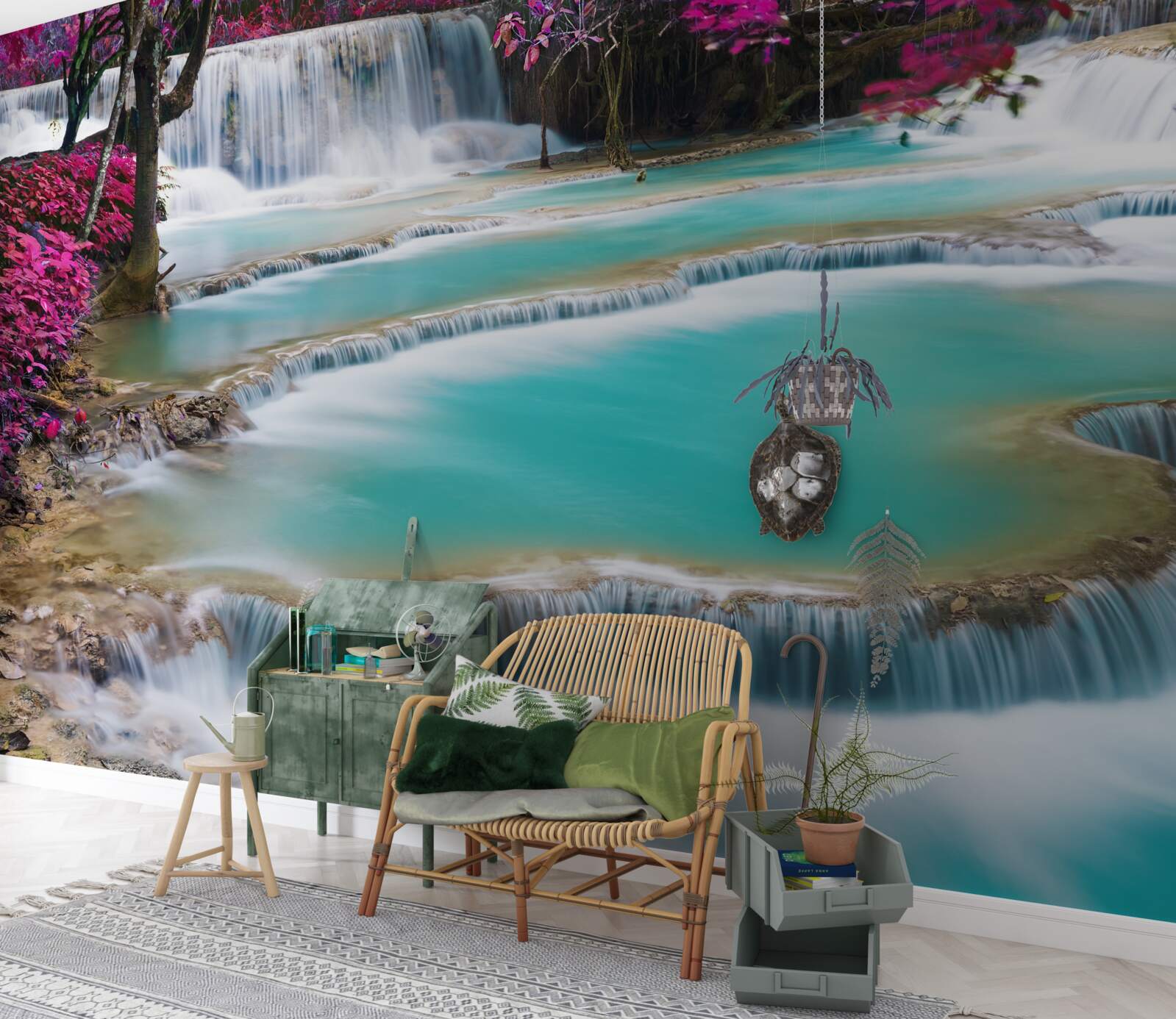 Fototapeten Kaskadenwasserfall zwischen Fliederblüten