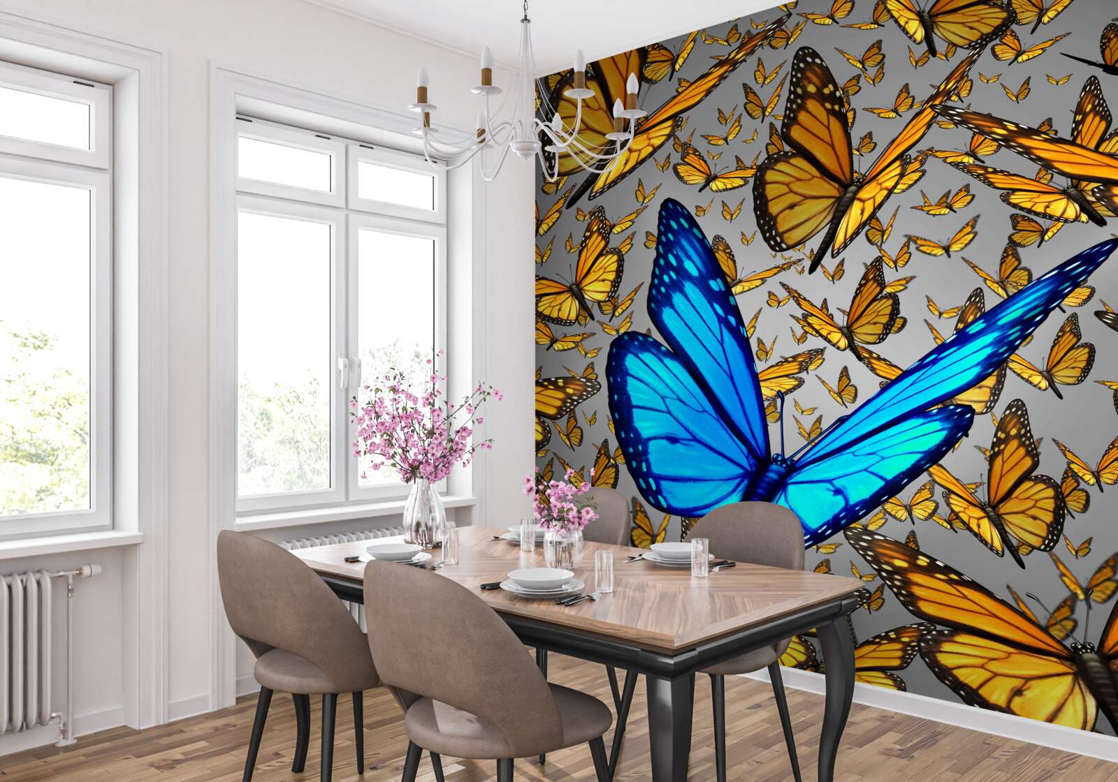Fototapeten Der blaue Schmetterling sticht deutlich vom Gelb hervor