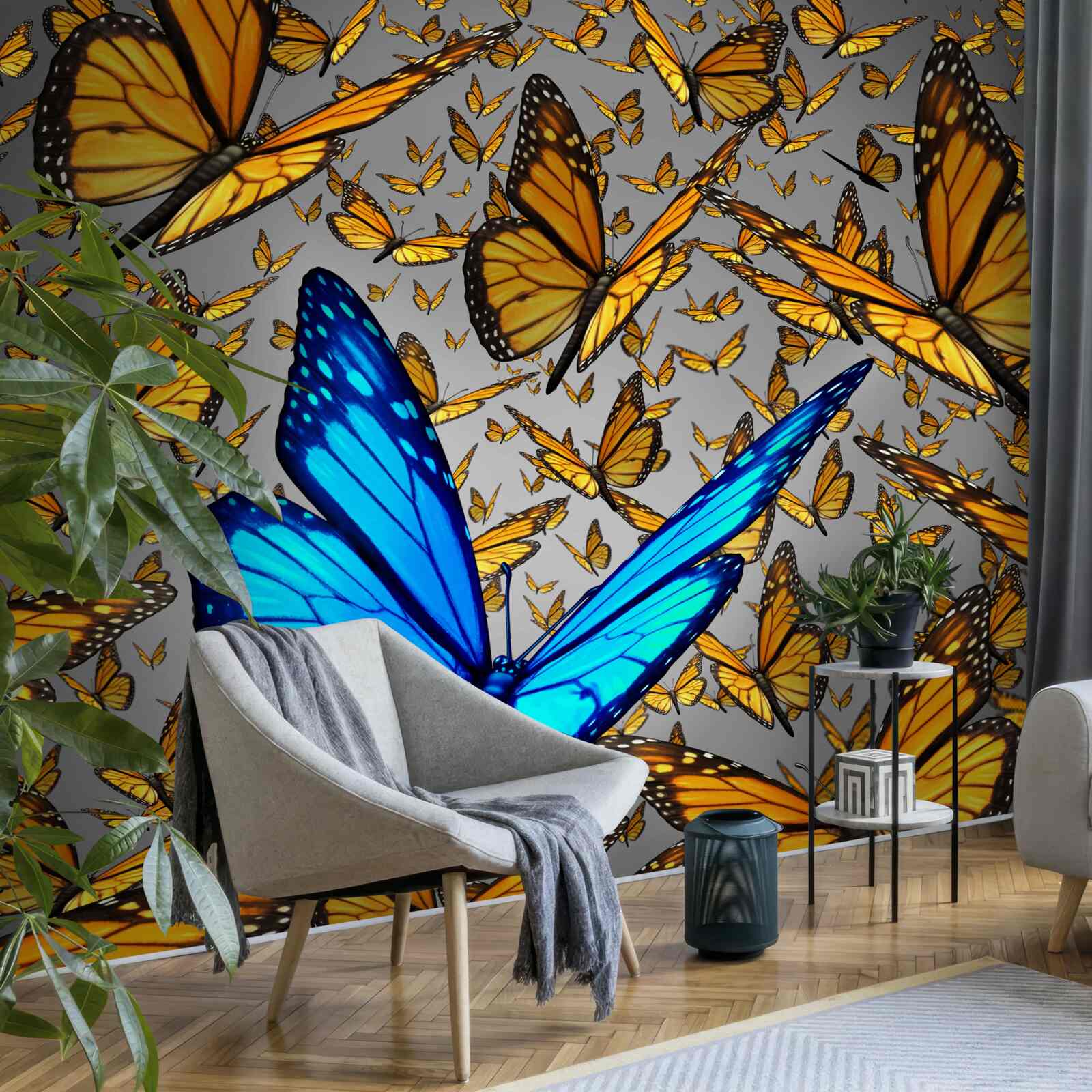 Fototapeten Der blaue Schmetterling sticht deutlich vom Gelb hervor
