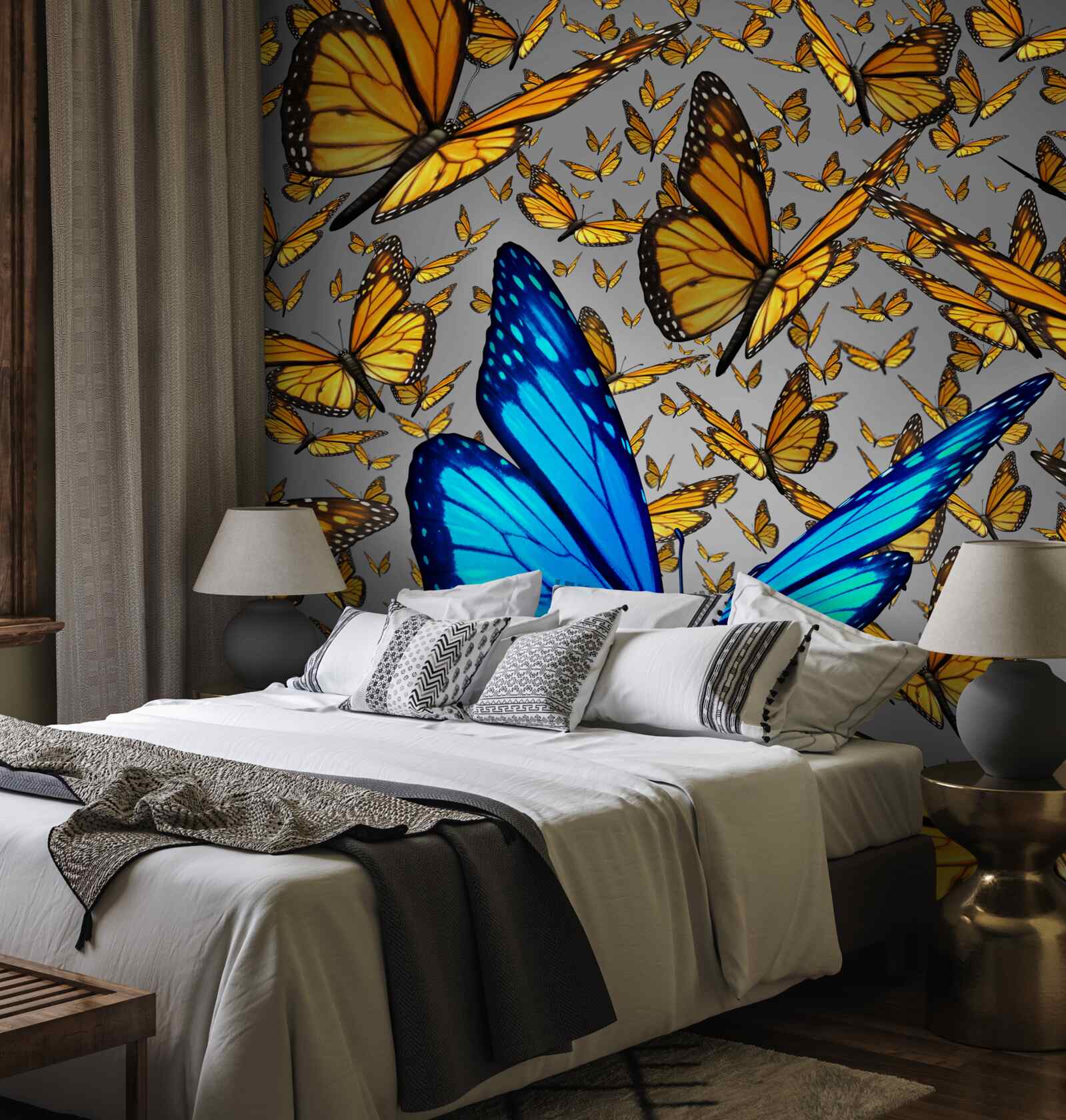 Fototapeten Der blaue Schmetterling sticht deutlich vom Gelb hervor