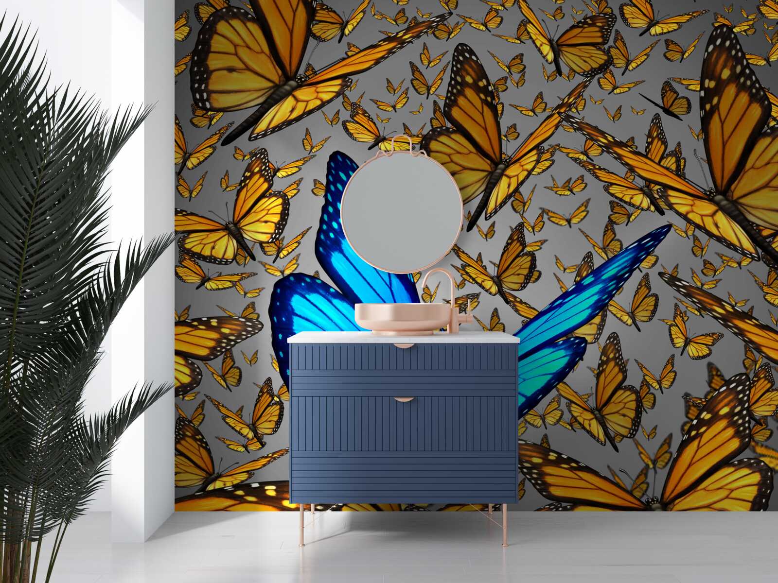 Fototapeten Der blaue Schmetterling sticht deutlich vom Gelb hervor