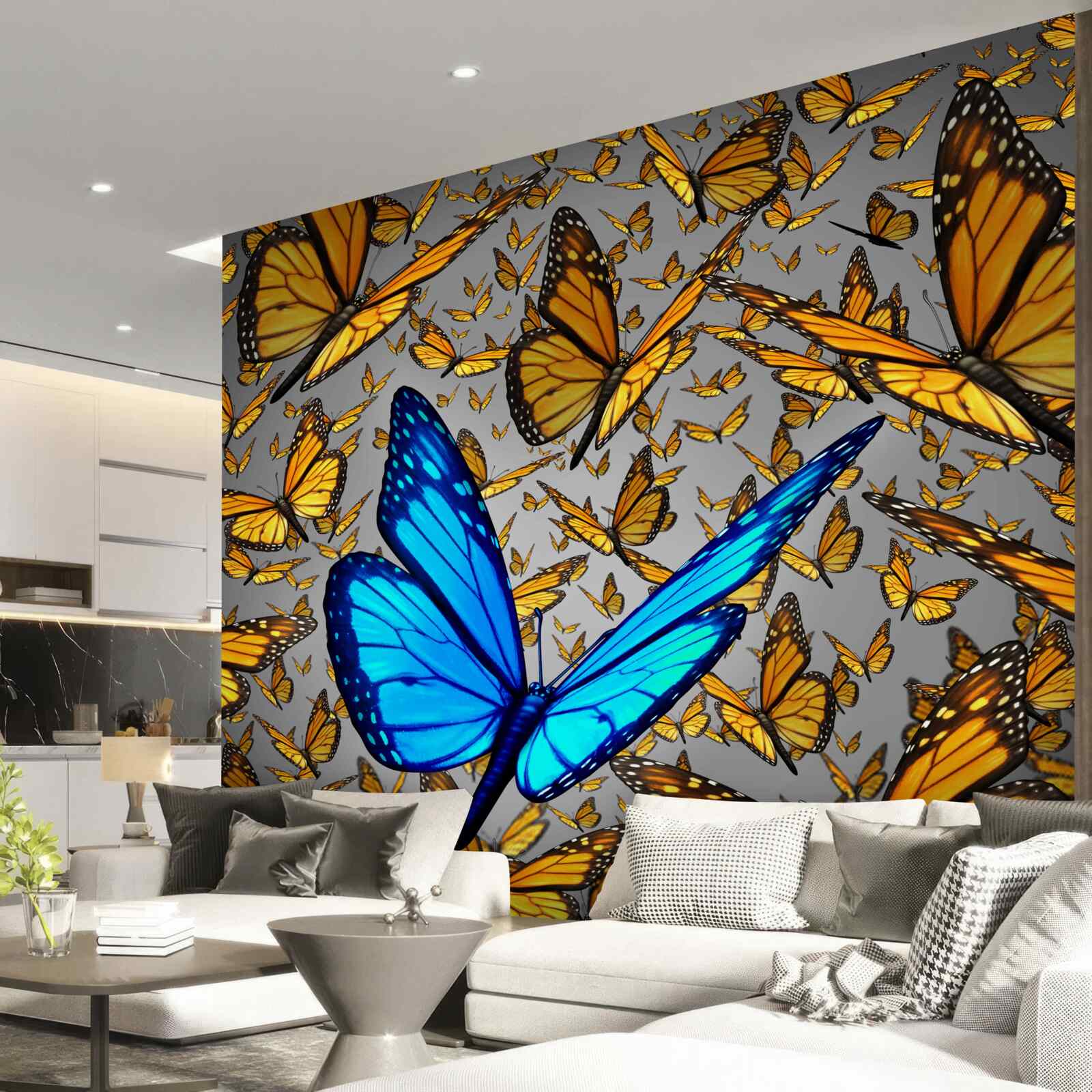Fototapeten Der blaue Schmetterling sticht deutlich vom Gelb hervor